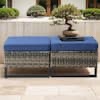 U-Weave Metal and Gray Wicker Outdoor Ottoman with Olefin Navy Blue Cushion (2-Pack)