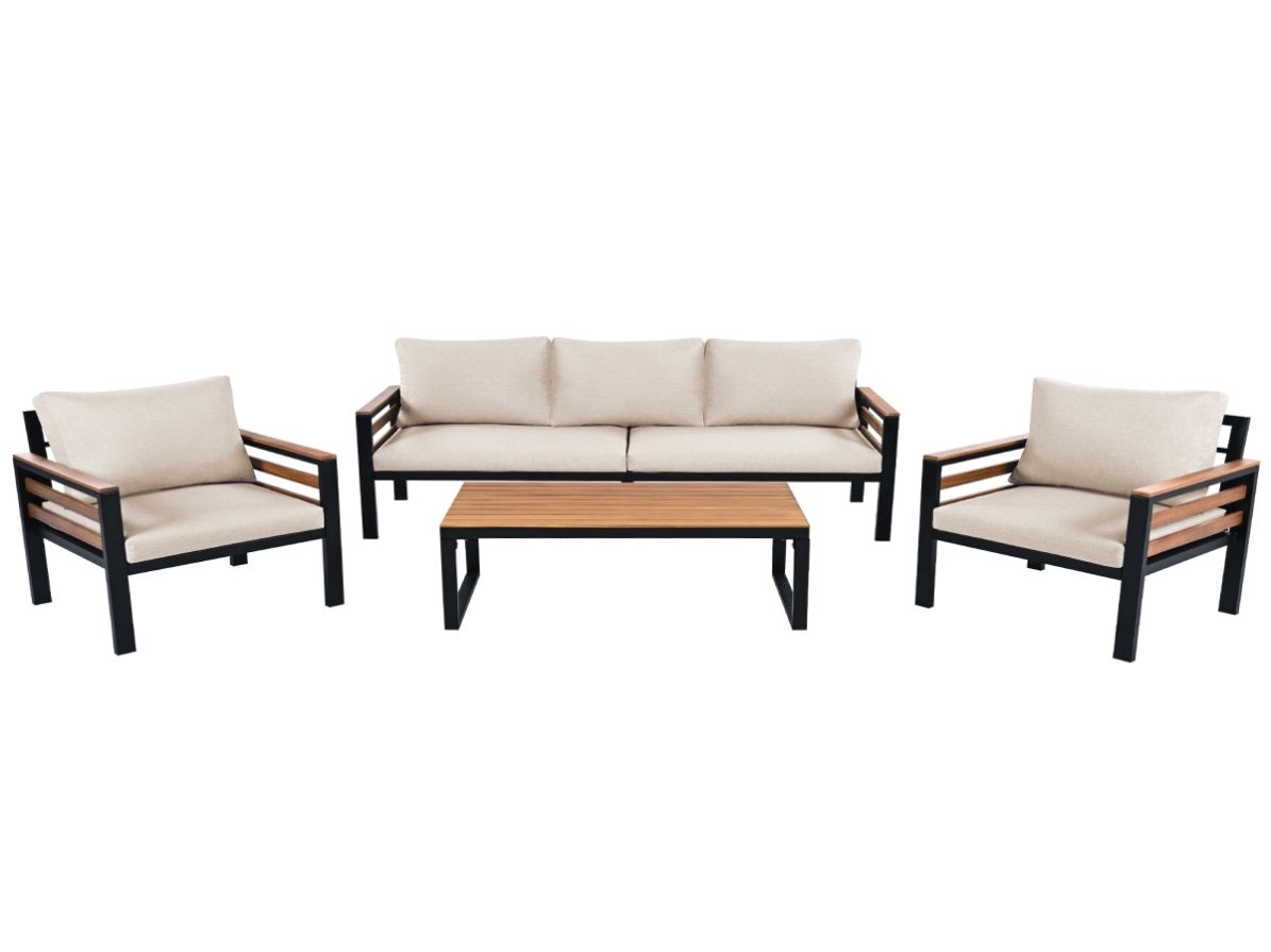 GO 4-Piece Outdoor Furniture Sofa Set for 5 People Acacia Wood Armrests, Patio Conversation Set (incomplete one box only)
