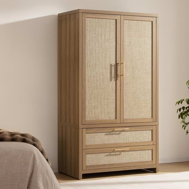 SICOTAS Rattan Armoire Wardrobe Closet Cabinet, 71" Tall Wardrobe Storage Cabinet with 2 Drawers and Hanging Rod, Boho Large-Capacity Deep Armoire Clothes Organizer for Bedroom, Cloak Room, Oak (pickup 2-boxes)
