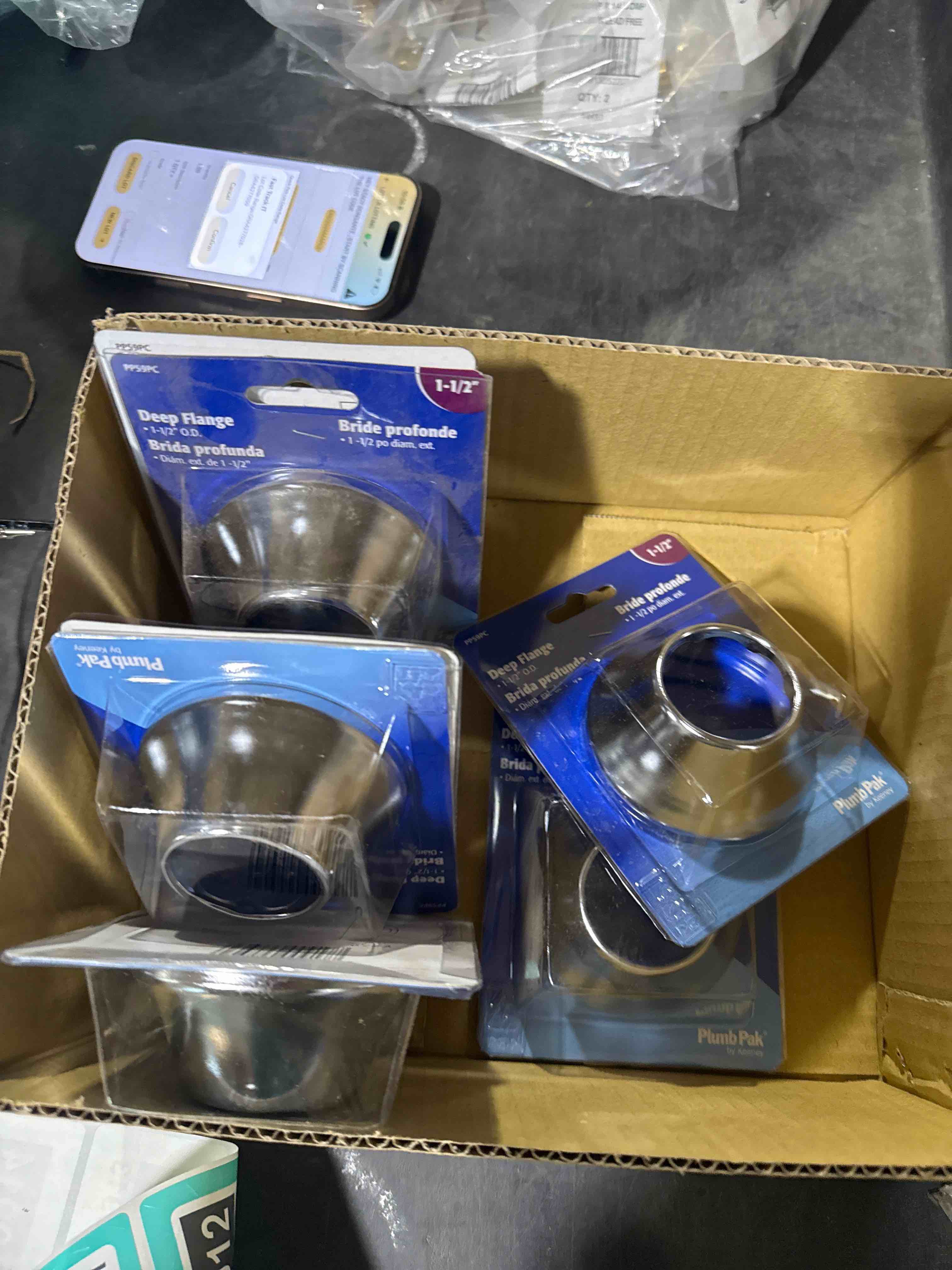 Condition photo showing New/Like New for lot of 7 plumb pak pp59pc bath flange  1-1/2 in dia  4 in w  polished chrome