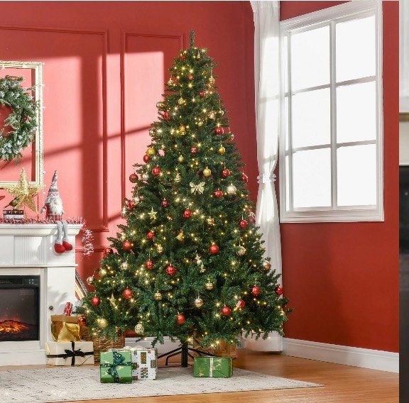 HOMCOM 7ft Pre-Lit Full Douglas Fir Artificial Christmas Tree with Realistic Branches, 700 Warm White LED Lights and 2154 Tips
