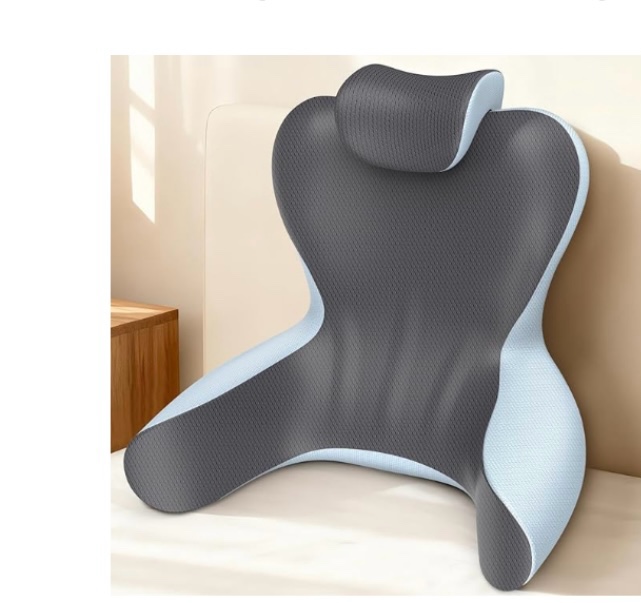 Condition photo showing As Is for reading pillow for sitting in bed,22" h back support pillow for sitting up,back rest & lumbar support pillows with arms, bed rest chair cushion,chaise lounges reclining,gaming,work,resting(grey&blue)