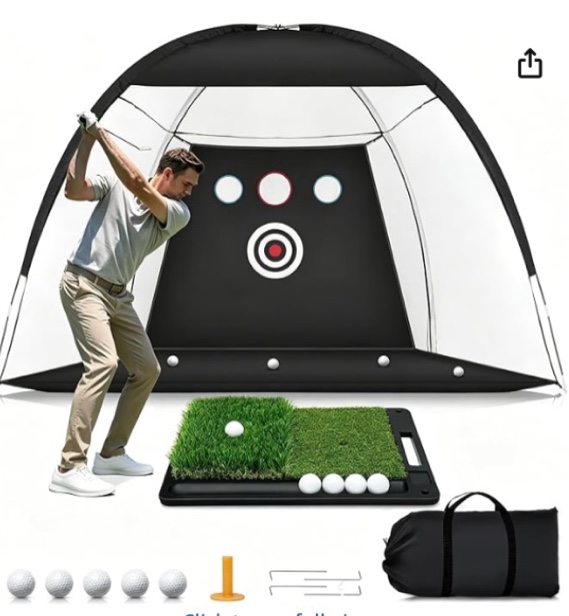 Condition photo showing As Is for golf net: 10x7ft practice net with mat – for chipping, swing & driving practice –golf nets for backyard, indoor & outdoor use – ideal gifts for men, women, dad, husband, golfers