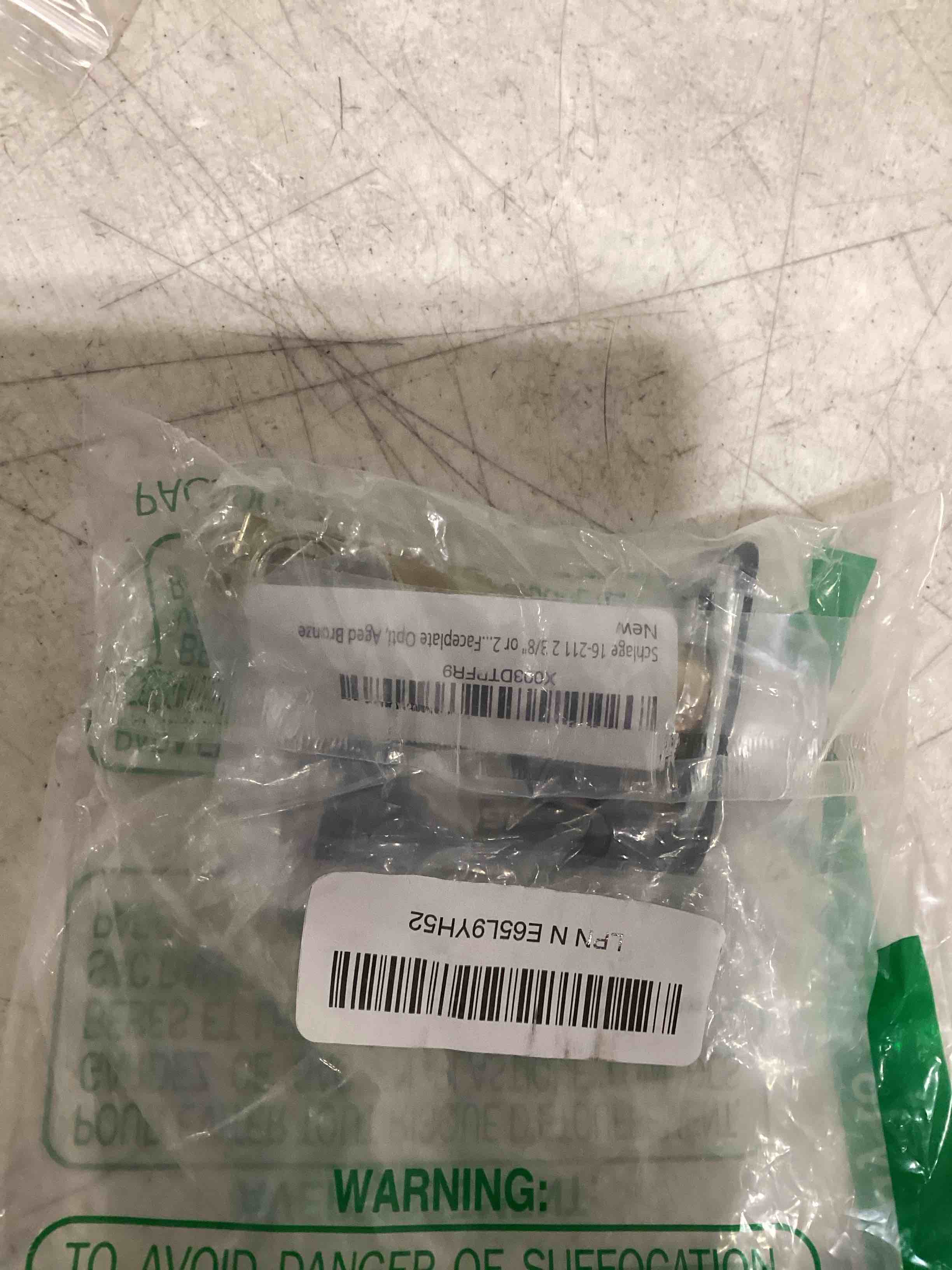 Condition photo showing As Is for schlage 16-211 2 3/8" or 2 3/4" replacement deadlatch with triple faceplate opti, aged bronze