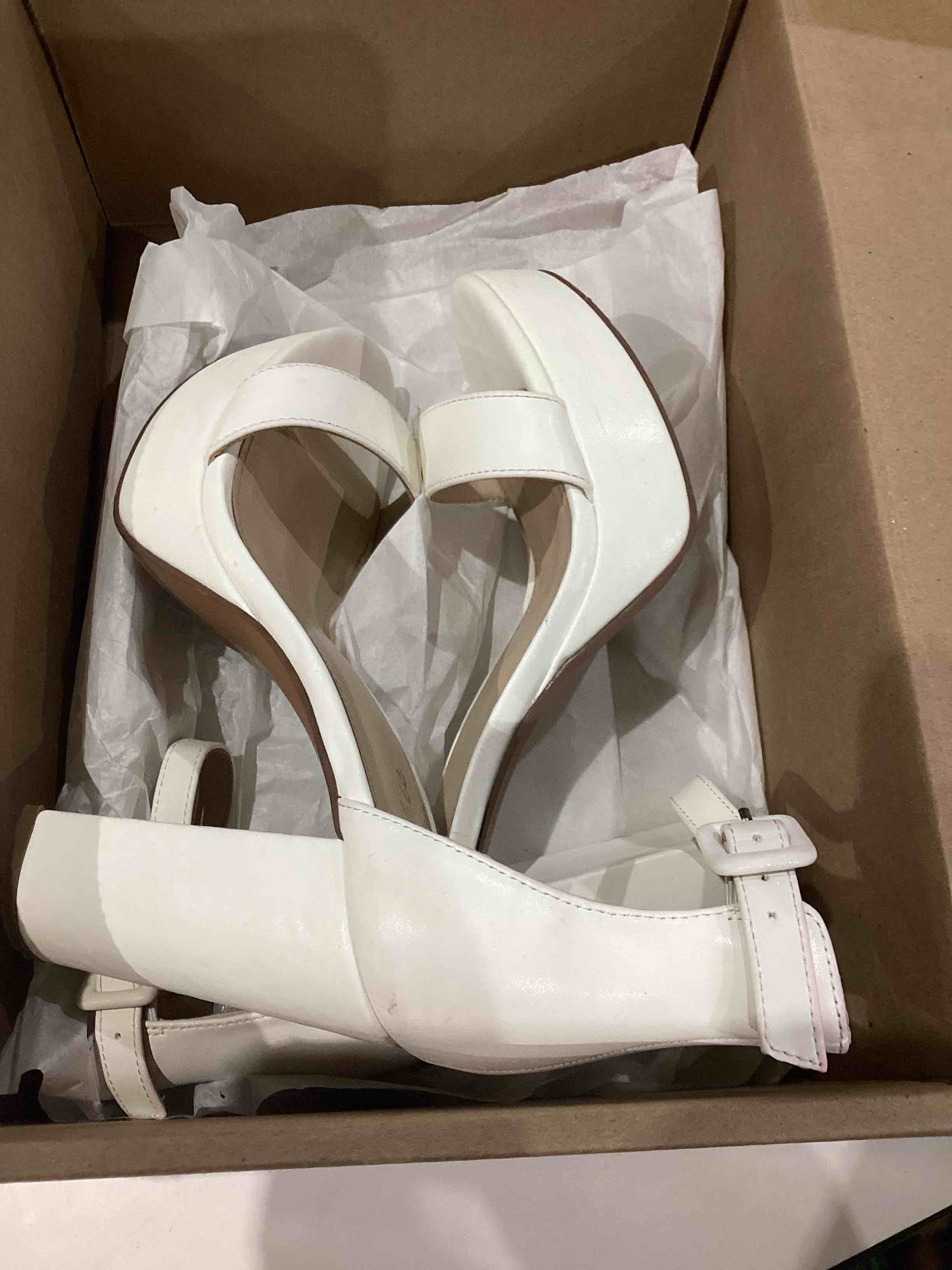 Condition photo showing As Is for Ankis Chunky Platform Heels - 4 Inch Block Heeled Sandals for Women - Comfortable Open Toe Strappy Heels - Black, Nude, White, Silver, Gold - Summer Dress Shoes 7 E- White Pu