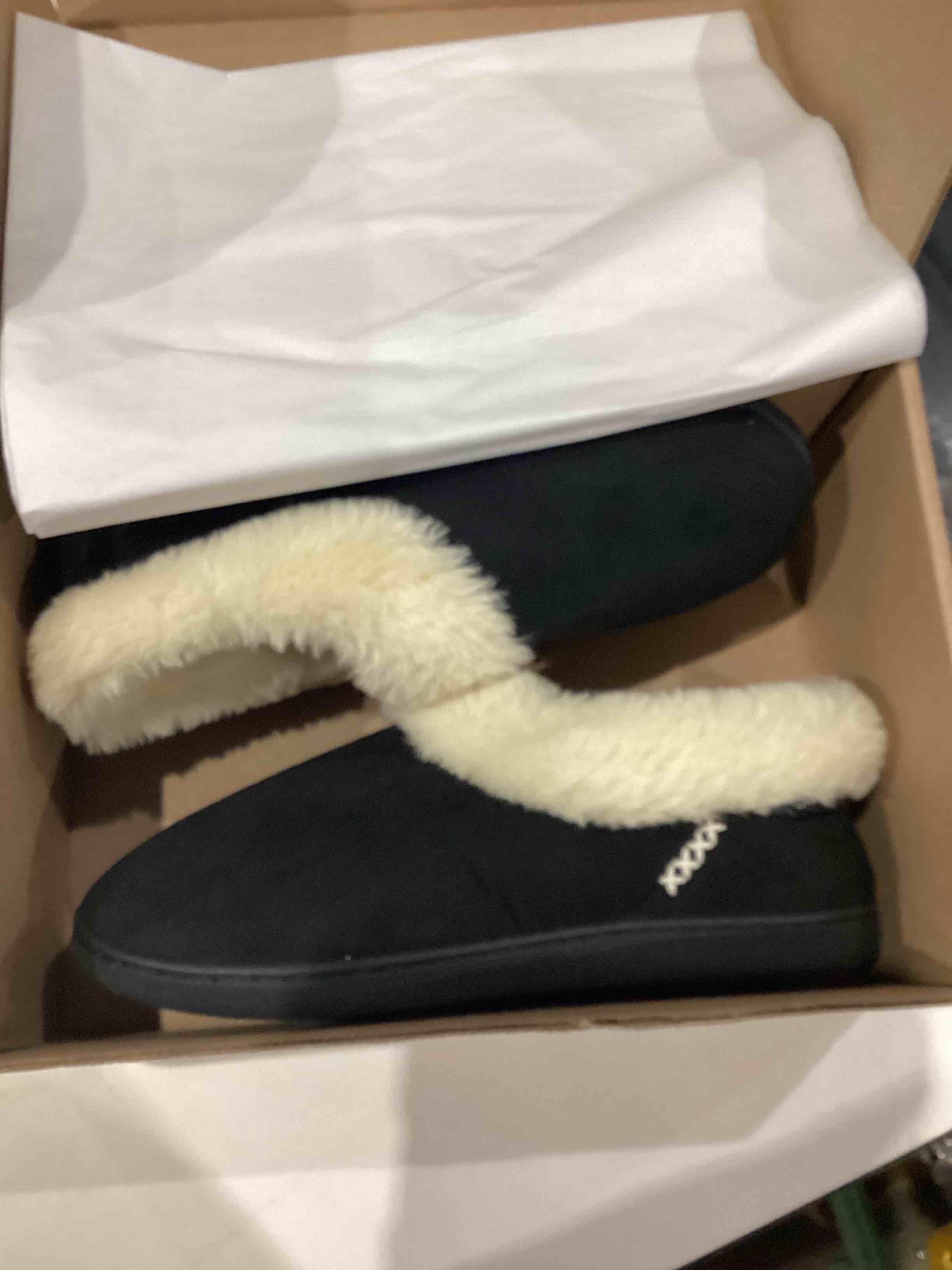 Condition photo showing As Is for EverFoams Women's Bootie Slippers Faux Fur Ladies Bedroom House Shoes with Memory Foam and Indoor Outdoor Rubber Sole 11-12 Charcoal Black