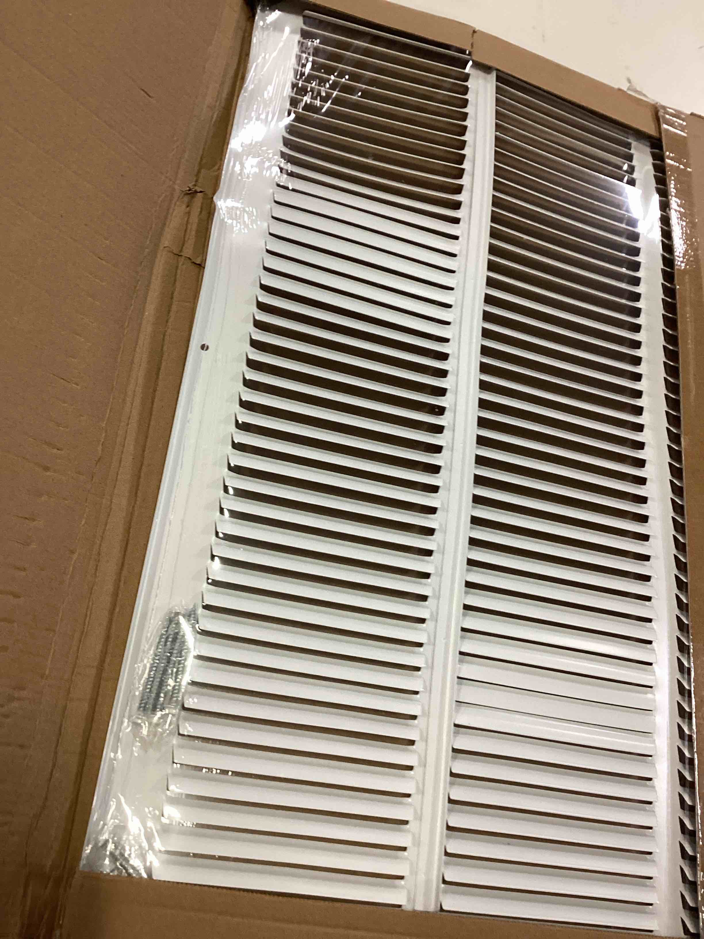 Condition photo showing Good Condition for hvac premium 24 f x24 duct opening] flat stamped steel return air grille - sidewall and ceiling - hvac vent duct cover - white [outer dimensions: 31.75''w x 11.75''h] 1 count (pack of 1)