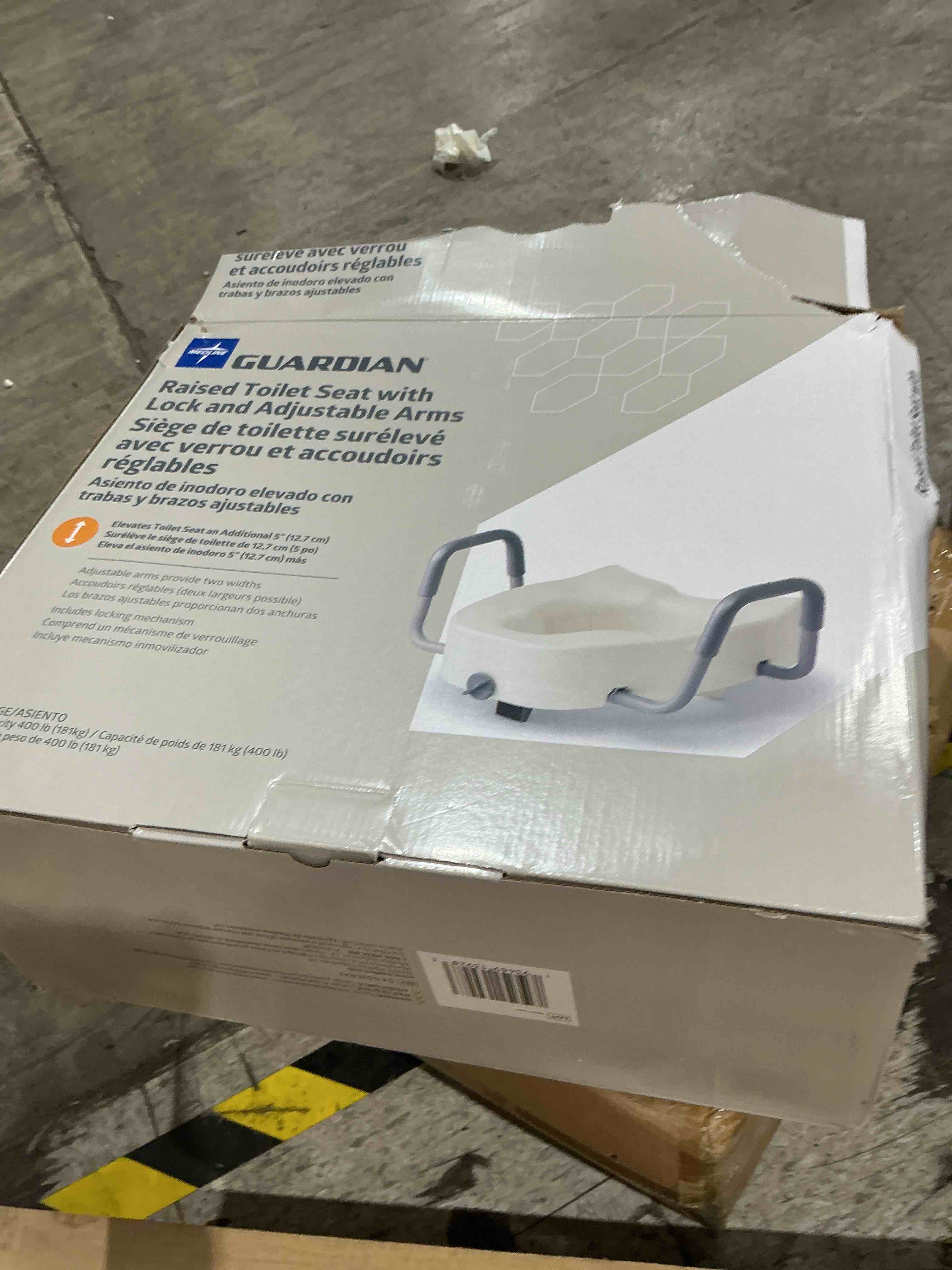 Condition photo showing As Is for medline 5 elongated raised toilet seat with lock and removable padded arms