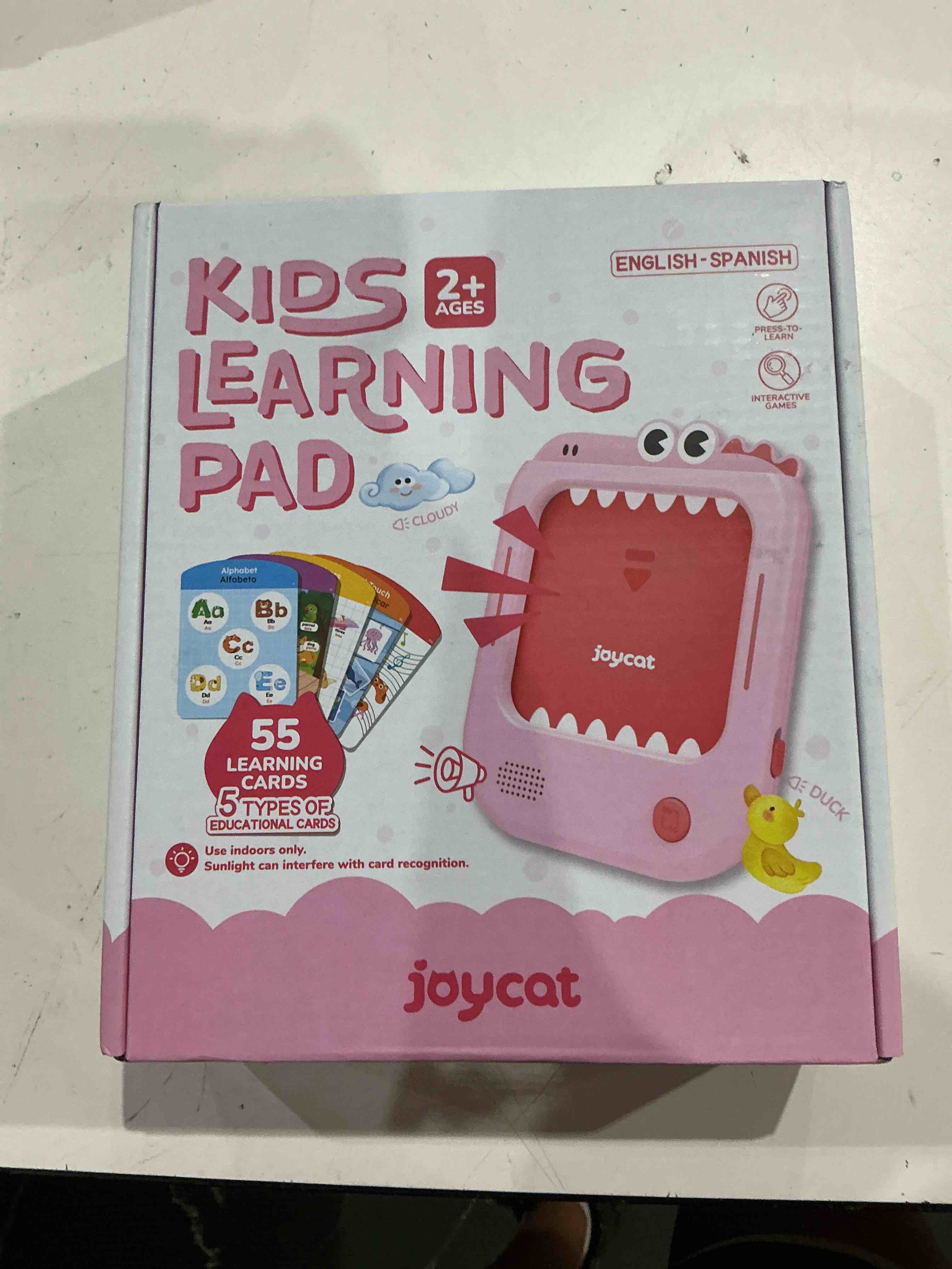 Condition photo showing As Is for joycat bilingual kids learning tablet, english & spanish talking flash cards with 106 pages, 20 interactive games, montessori learning toy for alphabet, words, numbers & songs, gift for toddlers 2-6 pink-english&spanish