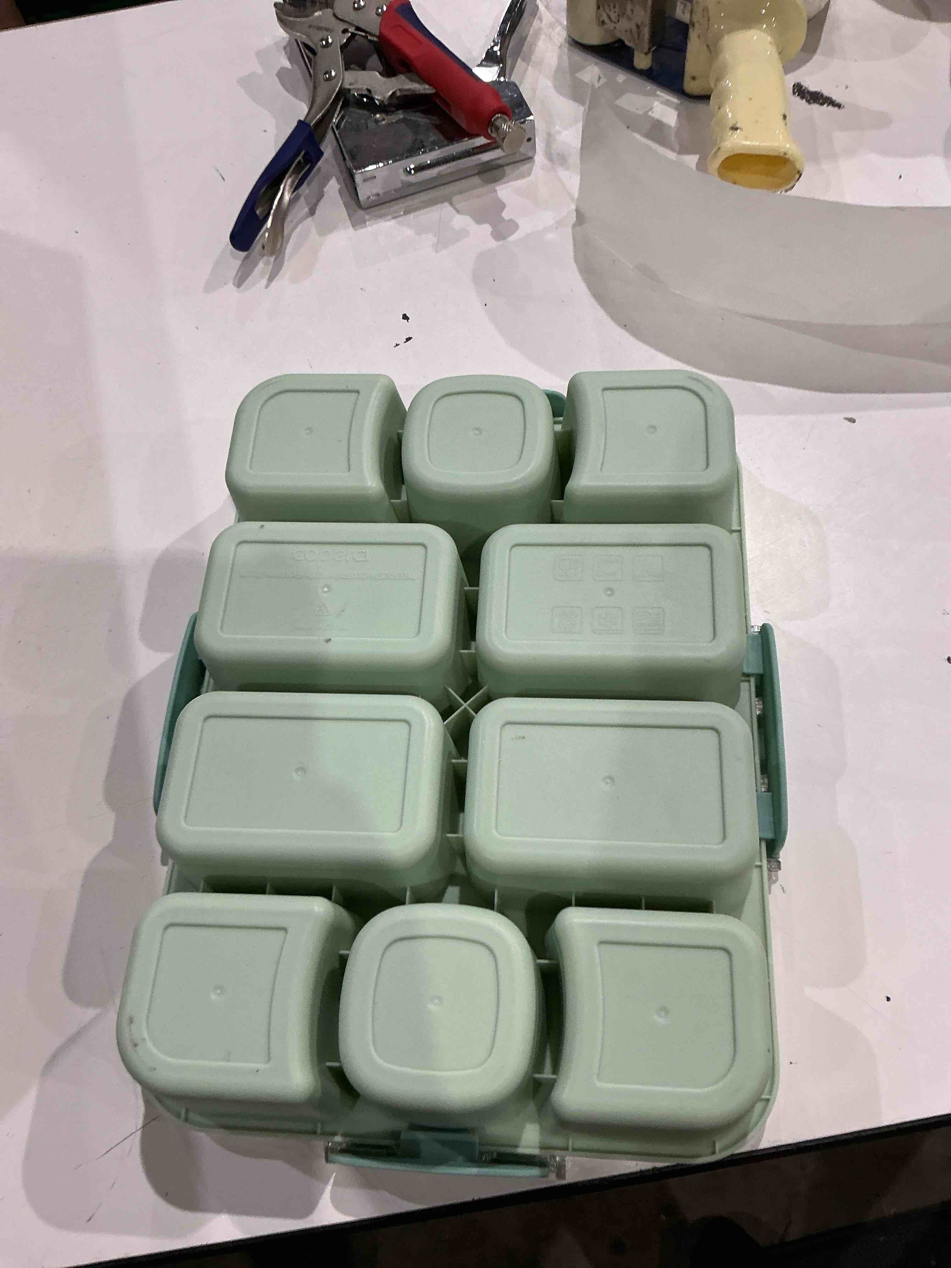 Condition photo showing As Is for caperci snackle box container - large 10-compartment divided serving tray with lid and handle, built-in 2 dip containers, dishwasher safe, leak-proof, wheat straw, bpa-free (green)