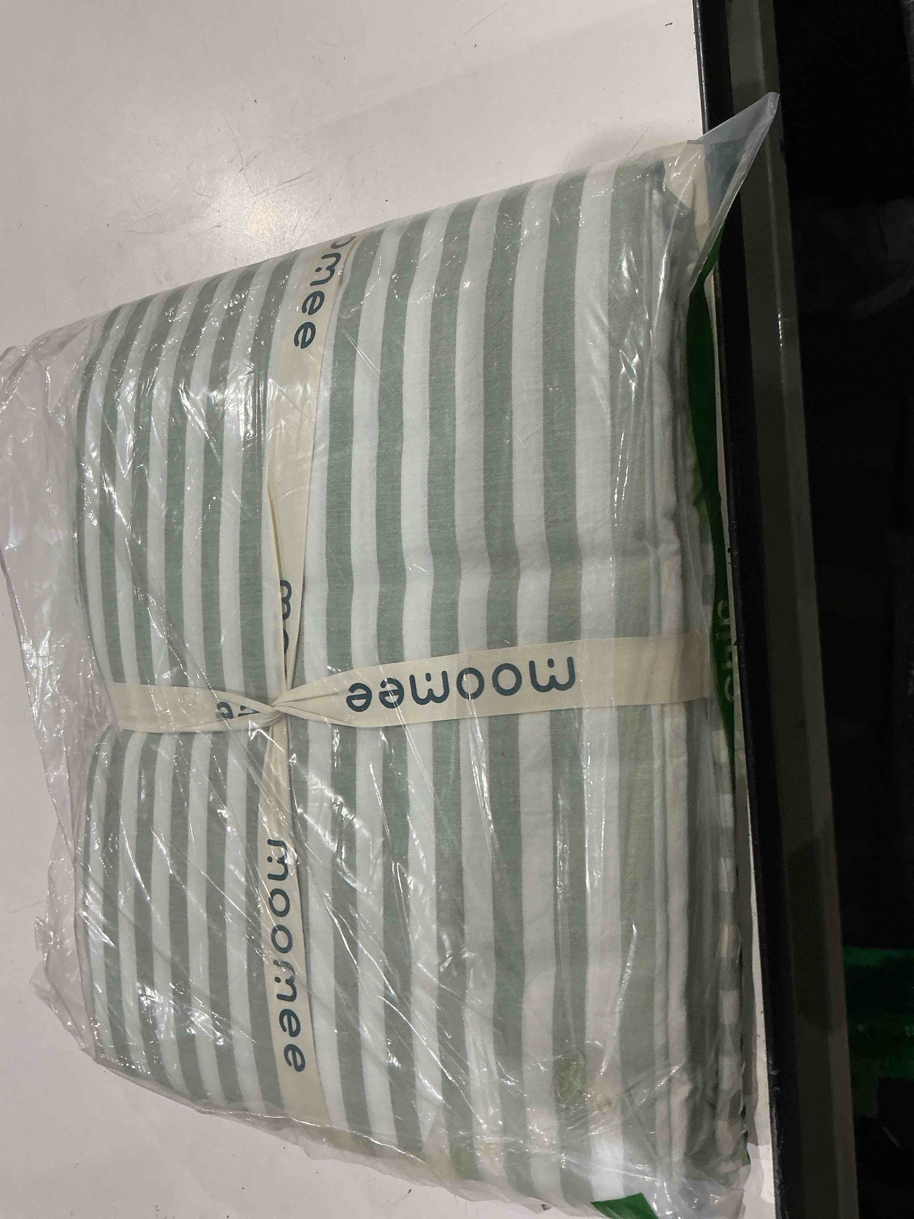 Condition photo showing Good Condition for moomee striped duvet cover set 100% washed cotton linen like textured breathable durable soft comfy (sage green white classic stripes, queen 90\"x90\") classic stripes - sage green/ white (no comforter) queen (90\"x90\")