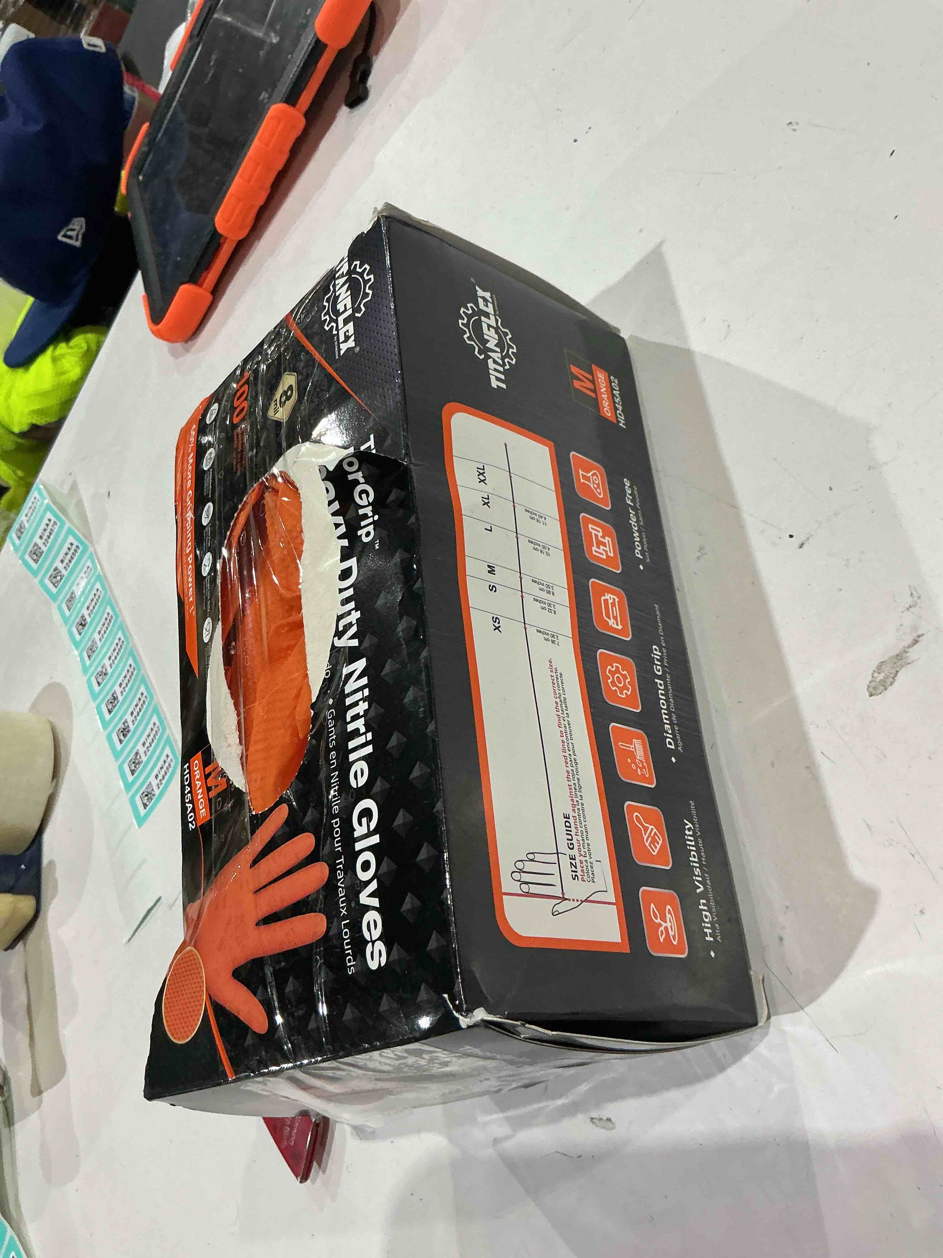 Condition photo showing As Is for titanflex heavy duty orange industrial nitrile gloves with raised diamond texture, latex free (6mil/8mil) 02 8mil (100ct) medium
