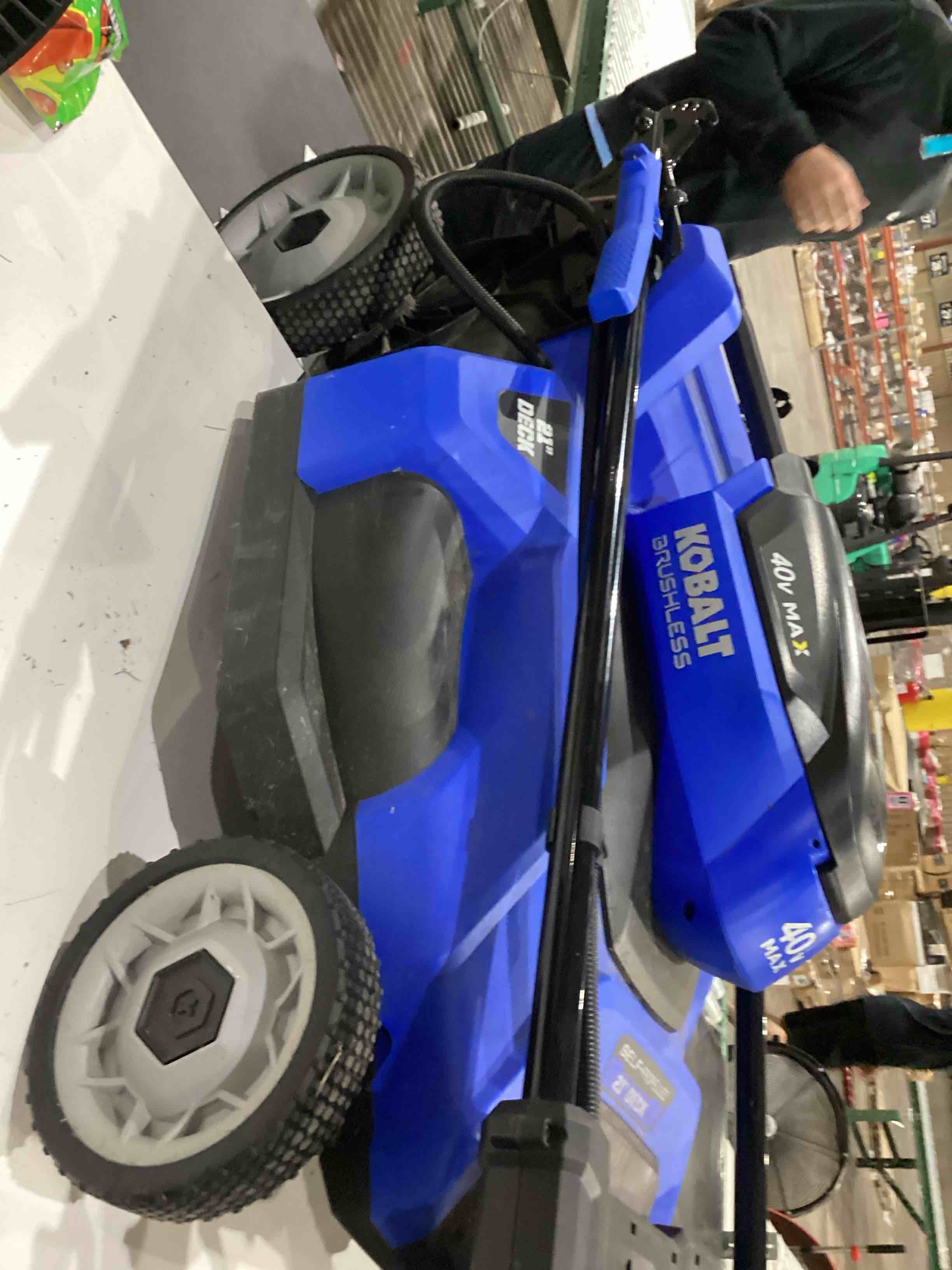 Condition photo showing As Is for (battery and charger not included) kobalt 40-volt 21-in self-propelled battery lawn mower