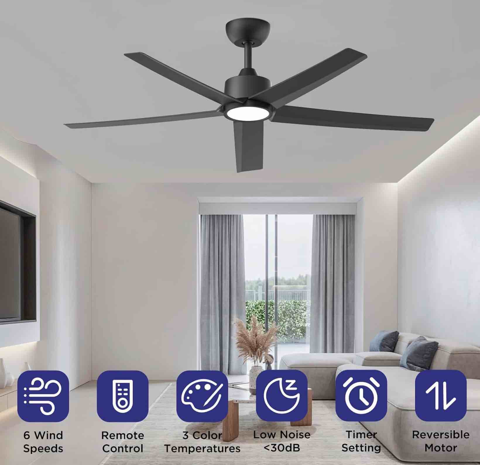 ceiling fans with lights, 52 inch black ceiling fan with light and remote control, 3cct, quiet dc motor, 5 blades modern ceiling fan for living room farmhouse bedroom black 52 inch 1