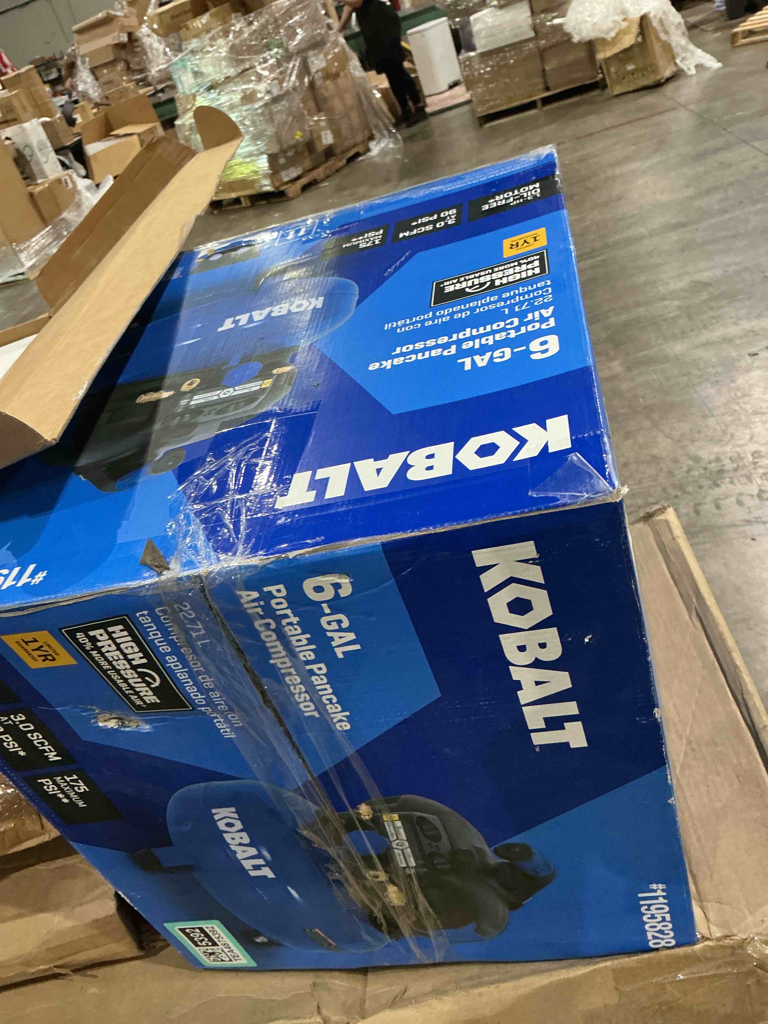 Condition photo showing As Is for kobalt 6-gallon portable electric 175 psi pancake air compressor