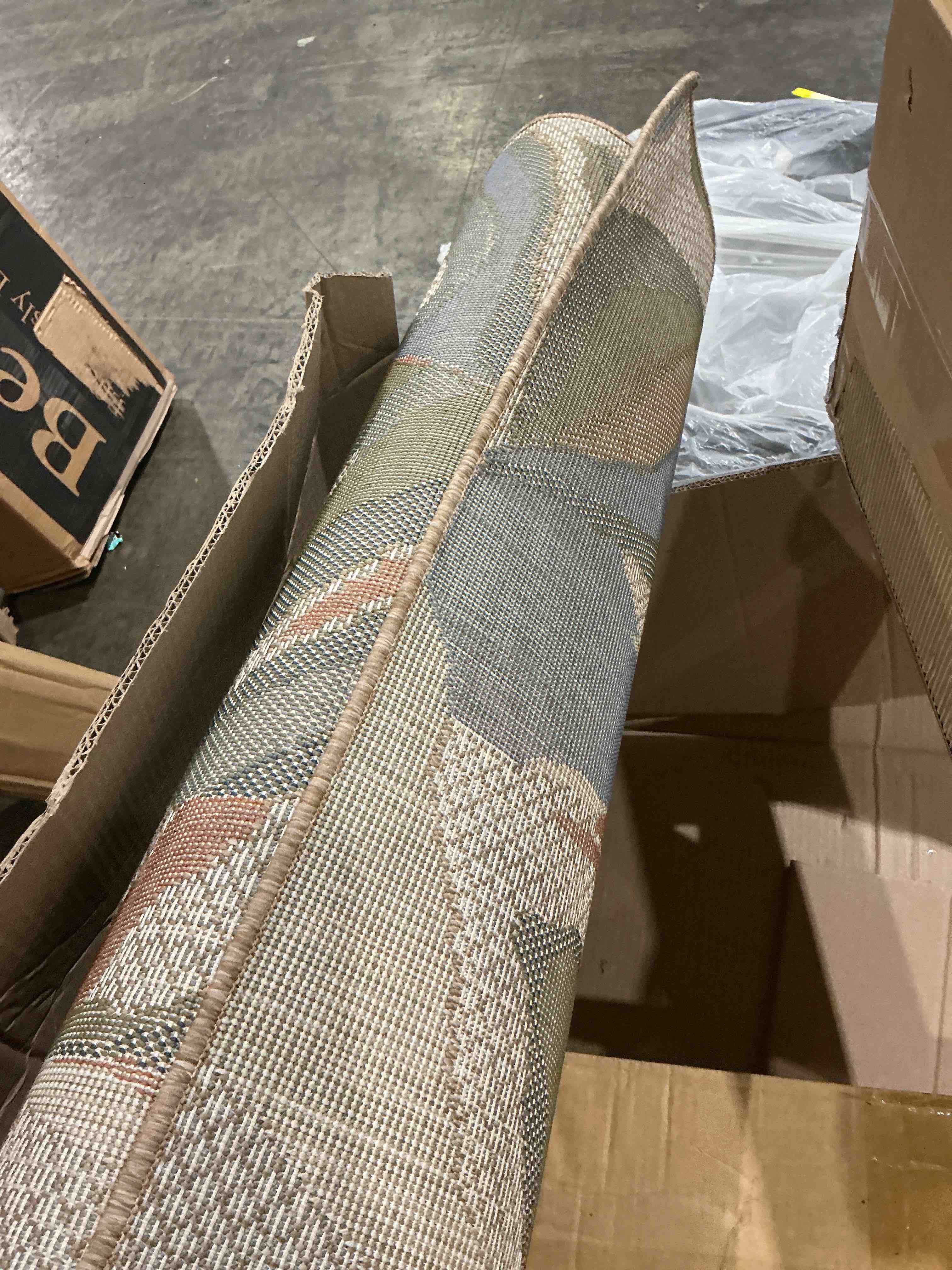 Condition photo showing As Is for  allen + roth with stainmaster floral palm 5 x 7 (ft) loomed polypropylene multiple colors