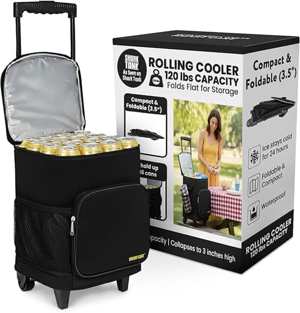 ultra compact cooler smart cart with wheels - collapsible insulated cooler bag - foldable travel coo