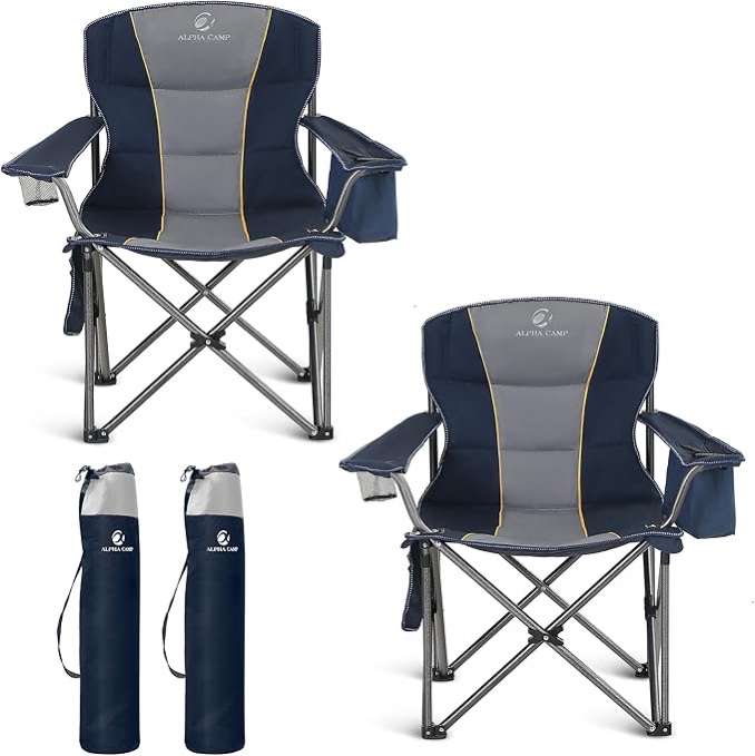alpha camp oversized folding camping chair, heavy duty portable lawn chairs with cooler bag, side pocket & cup holder, folding chairs for outside support 450 lbs