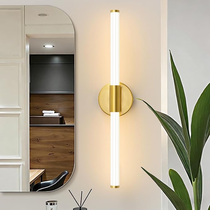 led bathroom light fixtures, gold vanity lights for bathroom, 360° full lighting dimmable led 24 inch vanity light bar over mirror, hardwired modern wall sconce warm white for bedroom living room