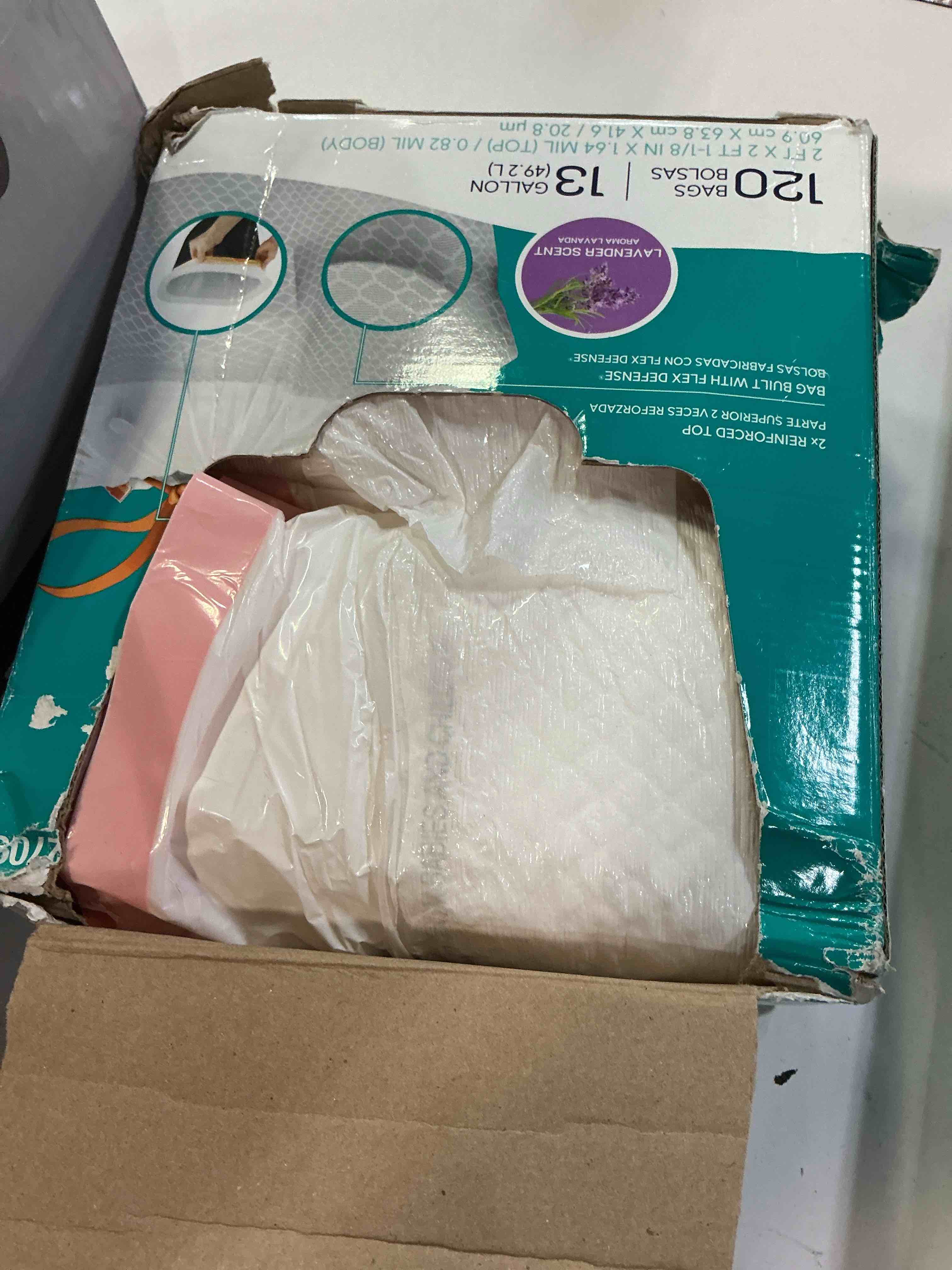 Condition photo showing Good Condition for moxie 13-gallon lavender white indoor plastic kitchen drawstring trash bag 120 -count