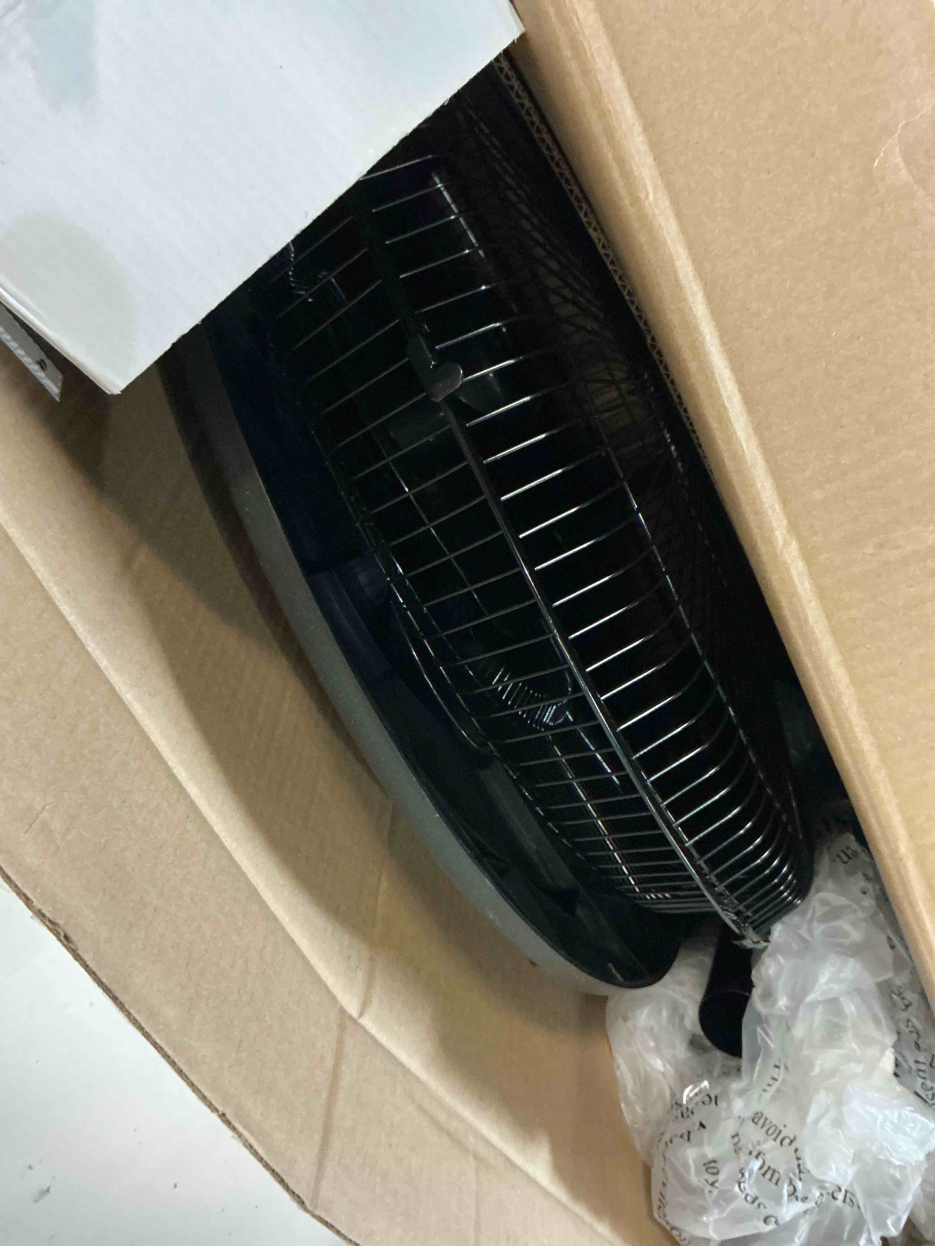 Condition photo showing As Is for optimus 18" black oscillating stand fan with remote control