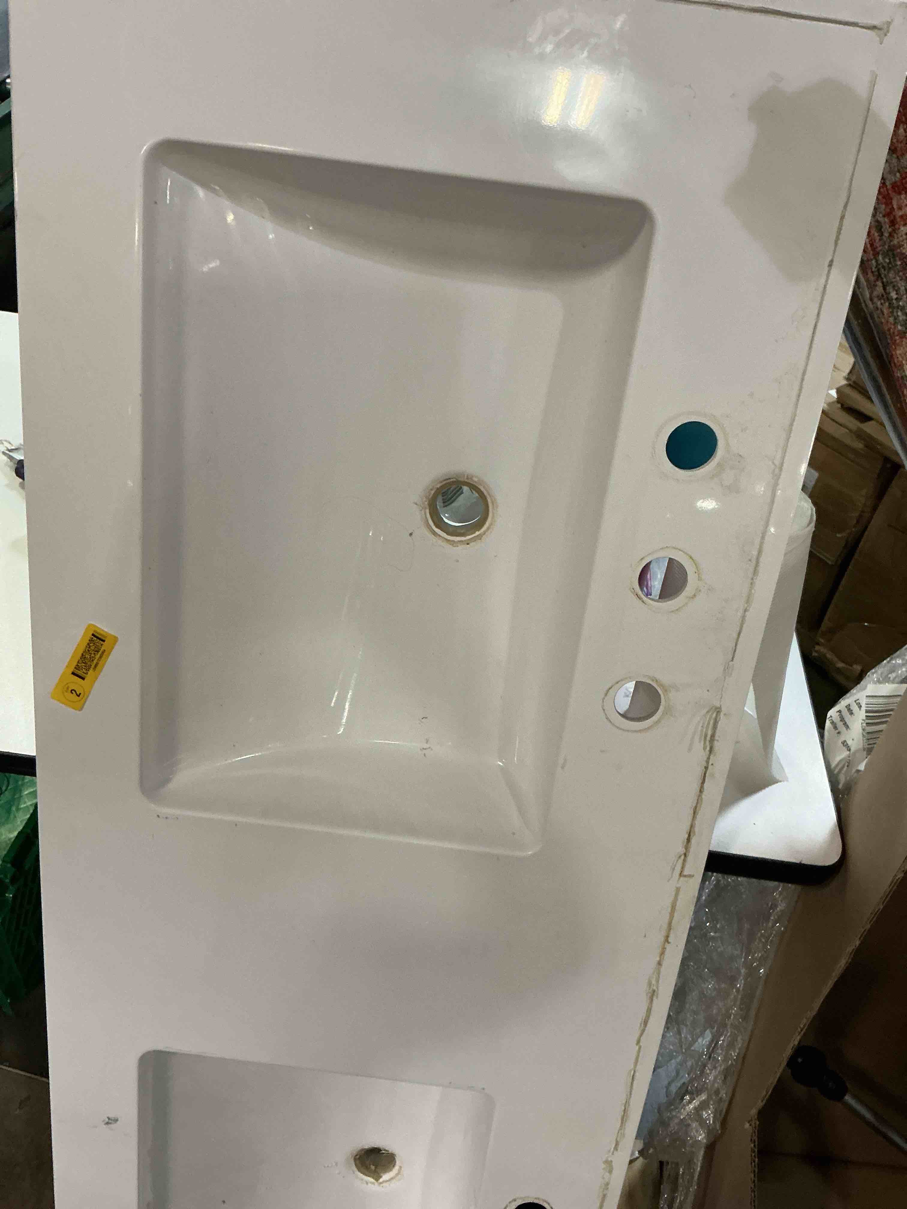 Condition photo showing As Is for design house camilla 61-in x 22-in solid white cultured marble double sink 4-in centerset fauce