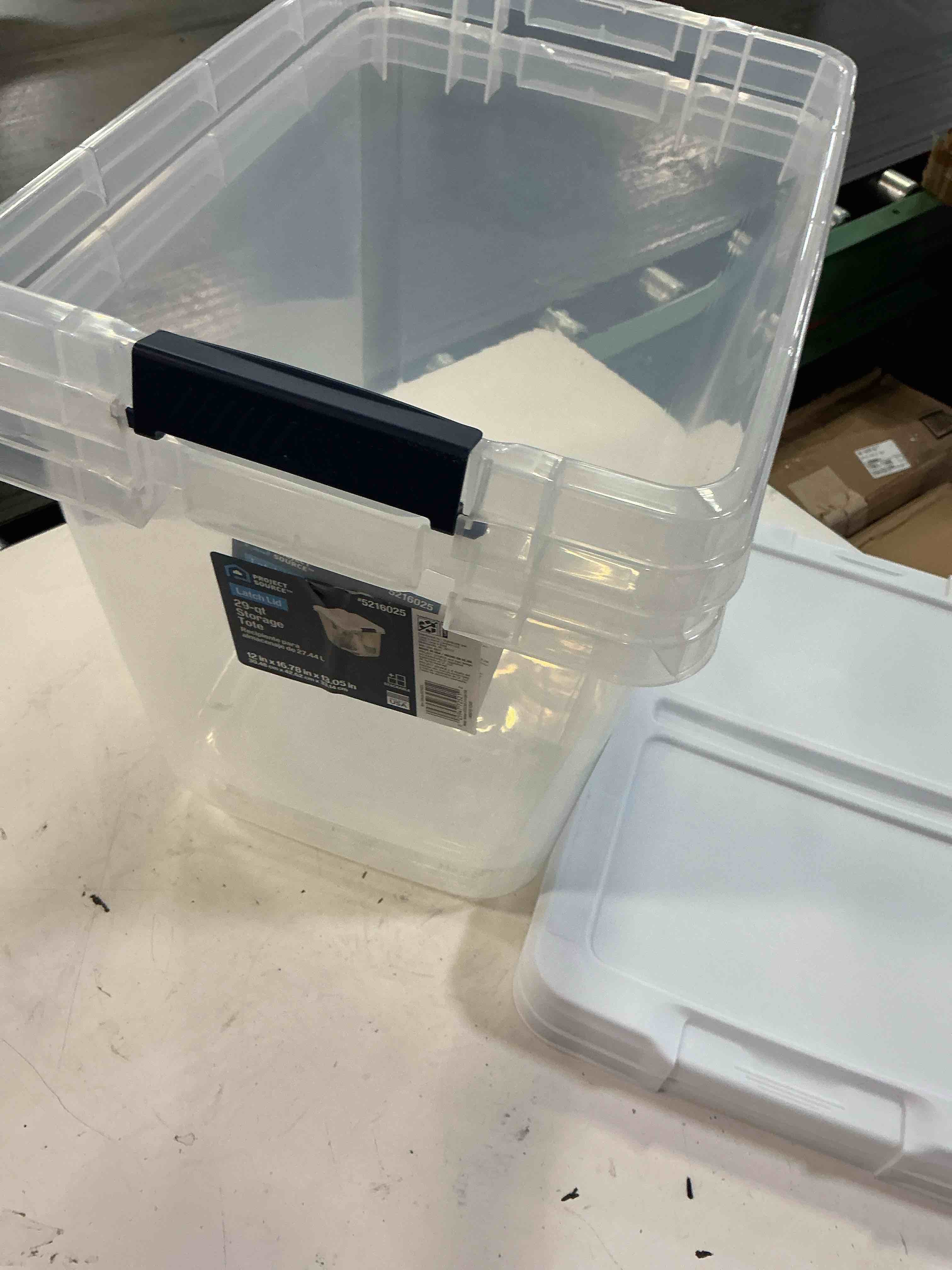 Condition photo showing As Is for pack of 2 project source medium 7.25 -gallons ( 29 -quarts ) clear/white stackable tote with latching lid