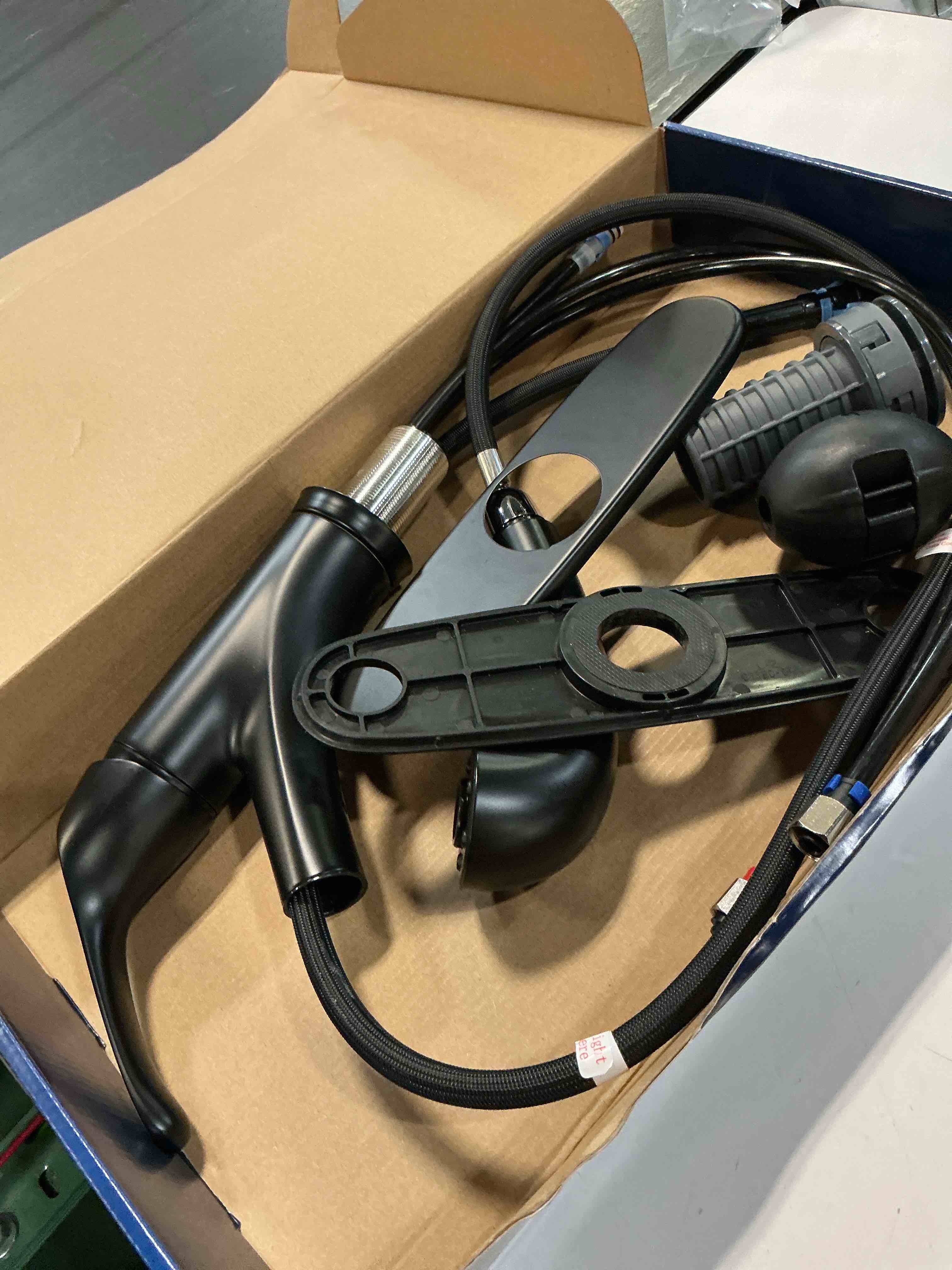 Condition photo showing As Is for project source everfield matte black single handle deck-mount pull-out kitchen faucet with sprayer (includes deck plate)