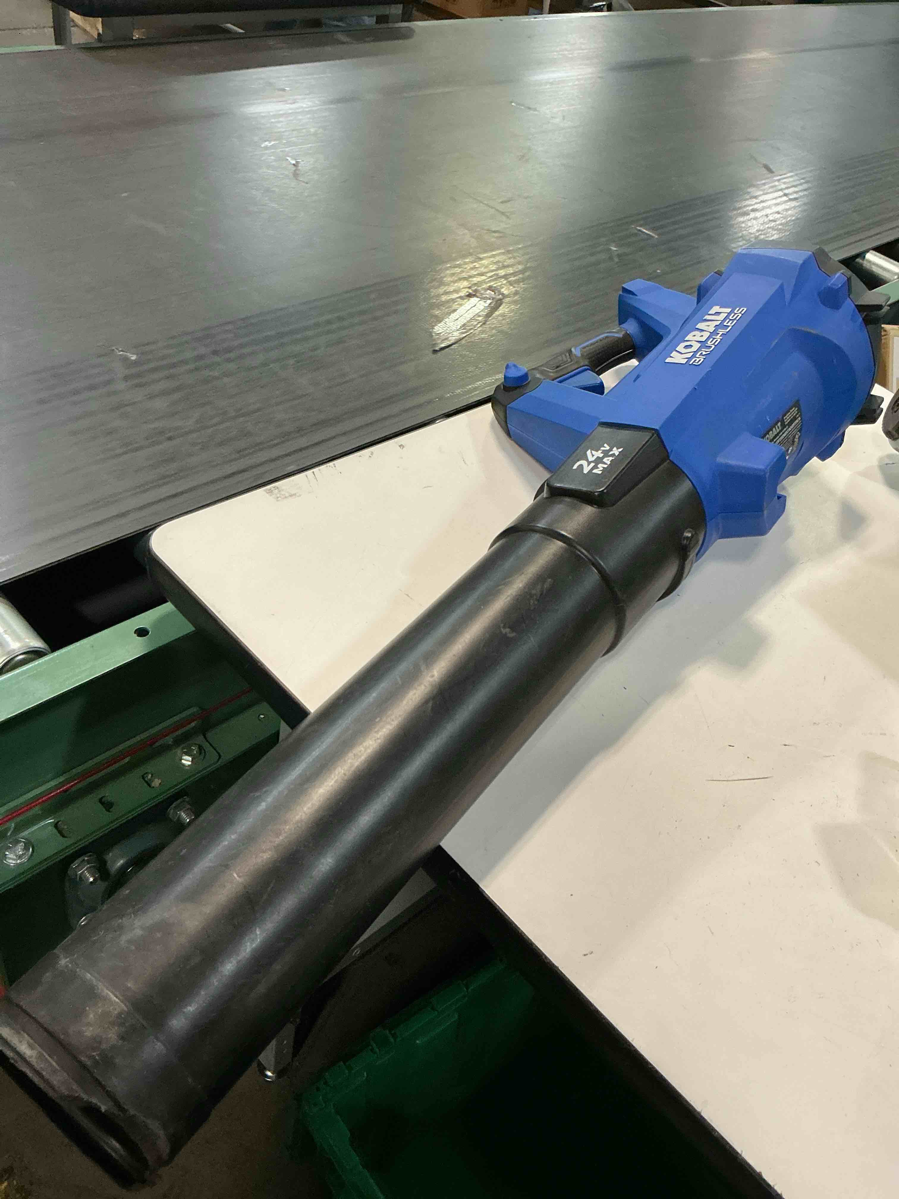 Condition photo showing As Is for kobalt 24-volt 410-cfm 100-mph battery handheld leaf blower battery not included charger not included