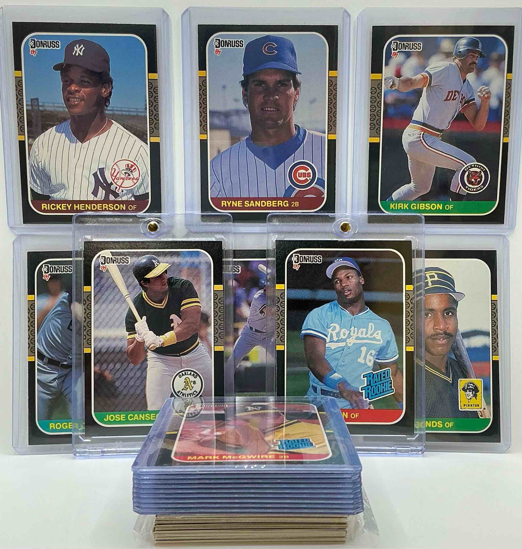 beautiful bo jackson, mark mcgwire & greg maddux donruss rated rookie cards! wow! 1987 donruss ultra rare baseball card collection! includes legends like bo jackson, kirk gibson, rickey henderson, jose canseco & more! 50 card lot! commons, legends & more!