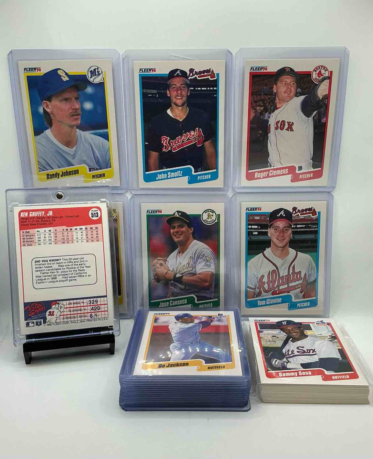 Condition photo showing New/Like New for 1990 fleer baseball 50 card craziness! ken griffey jr, bo jackson, randy johnson, barry bonds, john smoltz, kirby puckett, tom glavine, rickey henderson, don mattingly, cal ripken, wade boggs, doc gooden, greg maddux, fernando valenzuela, nolan ryan, roger clemens, george brett, tony gwynn & more! the best players from the time! super rare set with all of these stars! 50 card craziness! legends, heroes & commons!