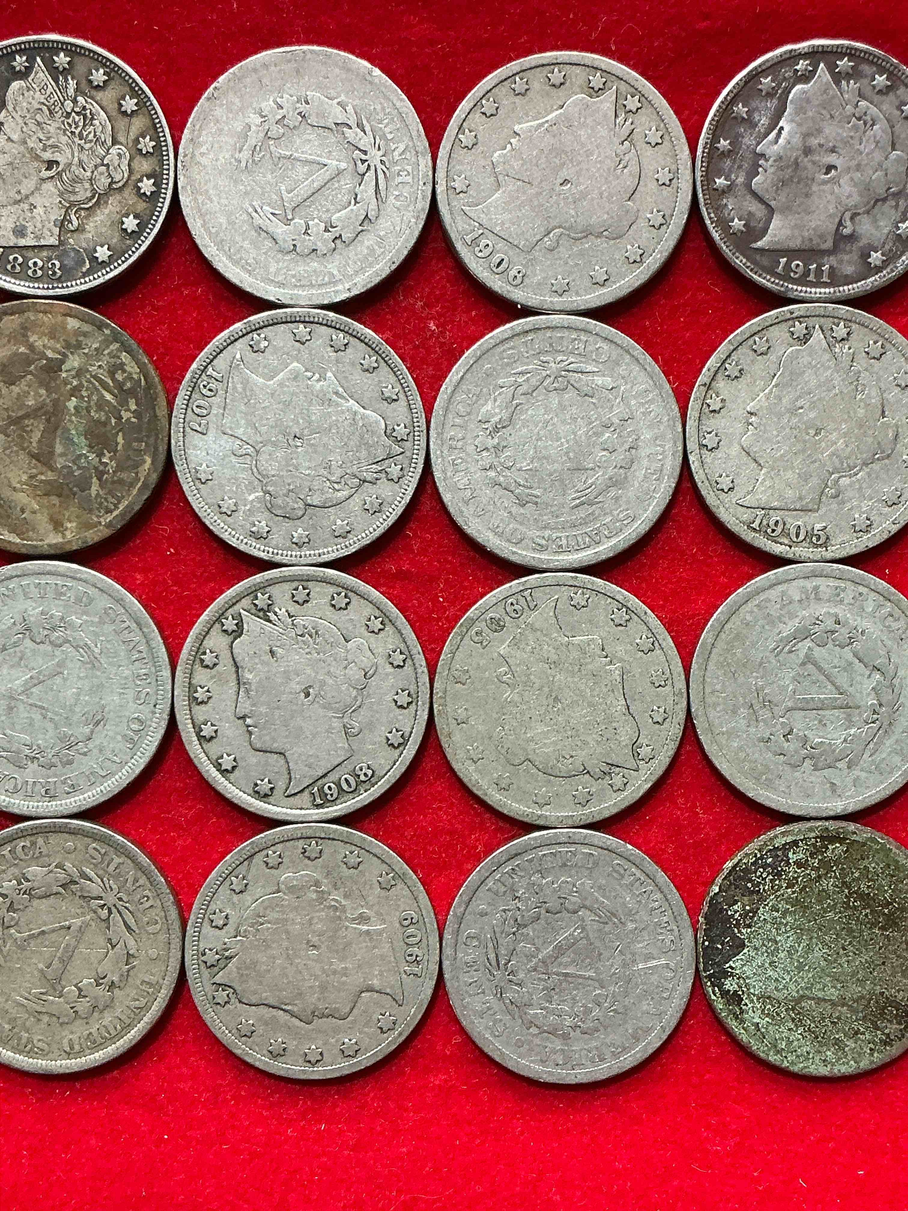 Condition photo showing Good Condition for antique u.s. v nickels! think of the history these coins have seen!, liberty head v nickels were minted up until 1913 & were the style of nickels before buffalo nickels. own some cool pieces of history! rare to see these coins with the "date on" in circulated condition!