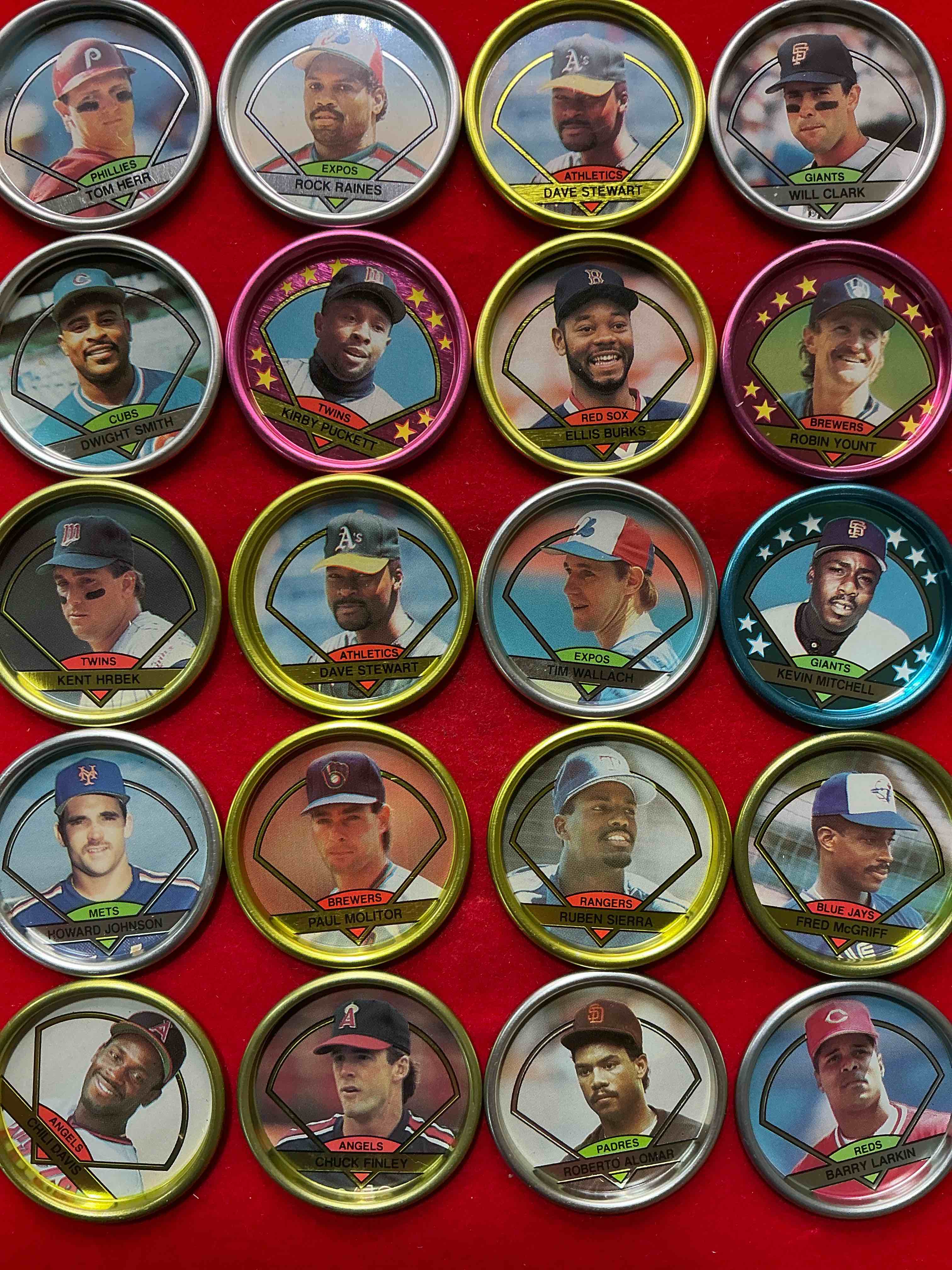 Condition photo showing New/Like New for ultra rare 1990 baseball buttons! kirby puckett, will clark, barry larkin, fred mcgriff & more! rare baseball buttons!
