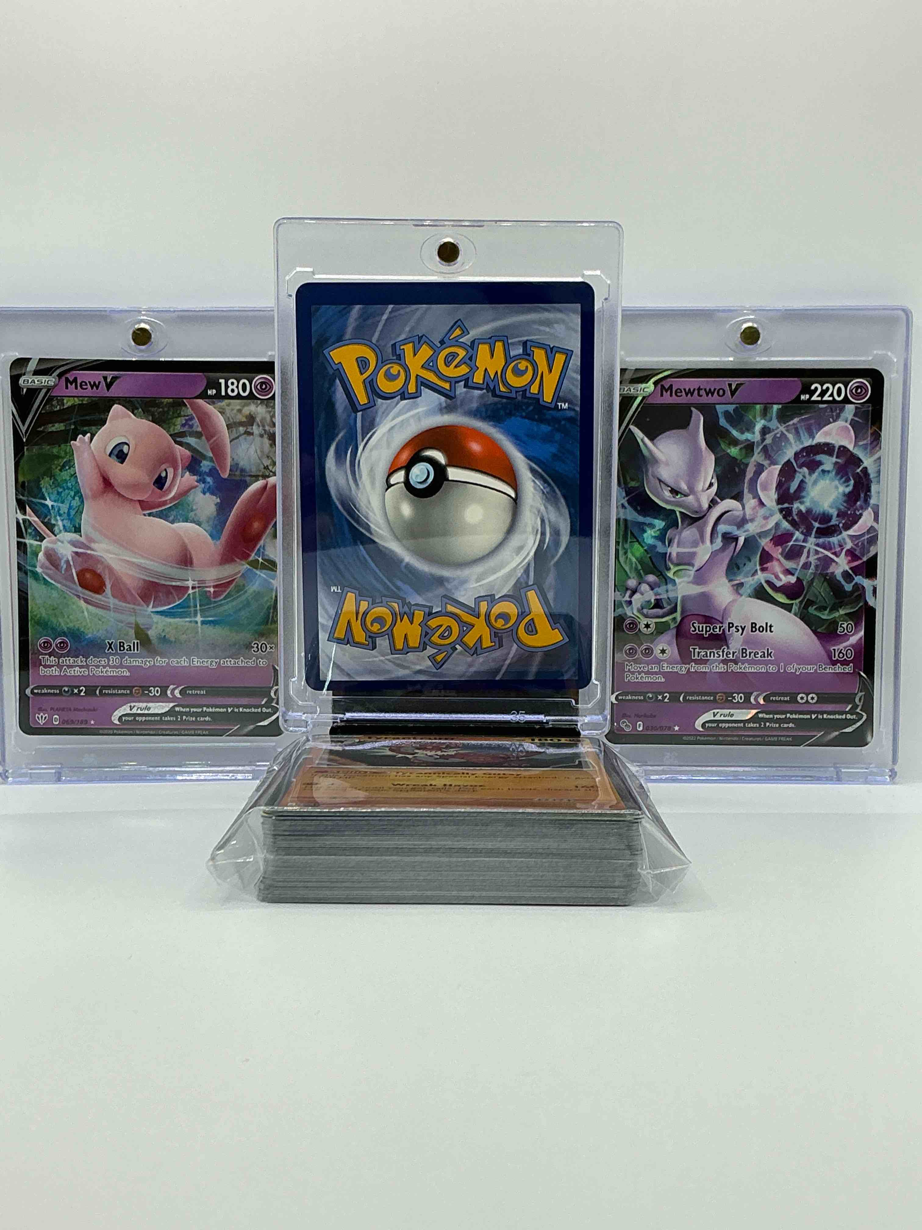 Condition photo showing New/Like New for charizard v, mewtwo v & mew v & more! along with 50 other pokémon heroes, holos, legends & commons- including holographic cards, stage 2 cards, holos in all forms & more! also includes 36 non holo common/ uncommon basic & first stage cards trainers & energy too! perfect set for collectors & enthusiasts!