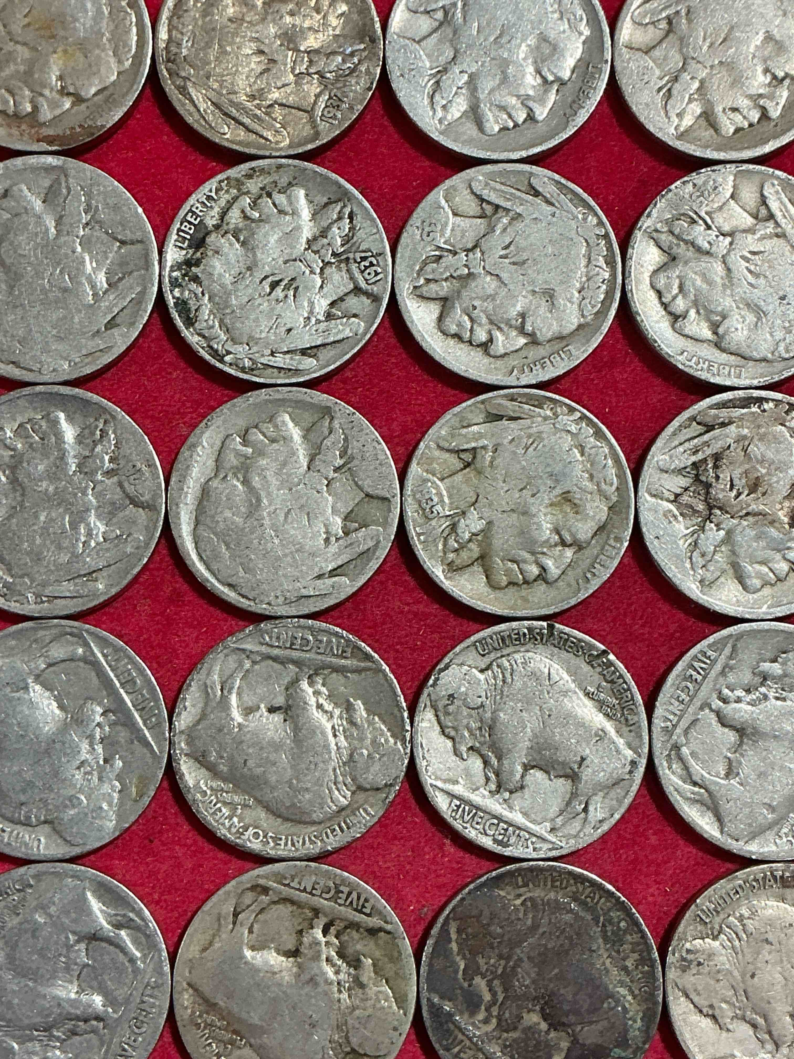 Condition photo showing Good Condition for historic buffalo nickels! indian head buffalo nickels were minted from 1913 to 1938 & have become a favorite for coin collectors around the world! own pieces of american history with these cool indian head buffalo nickels in circulated condition, most with visible dates which is very rare for buffalo nickels!