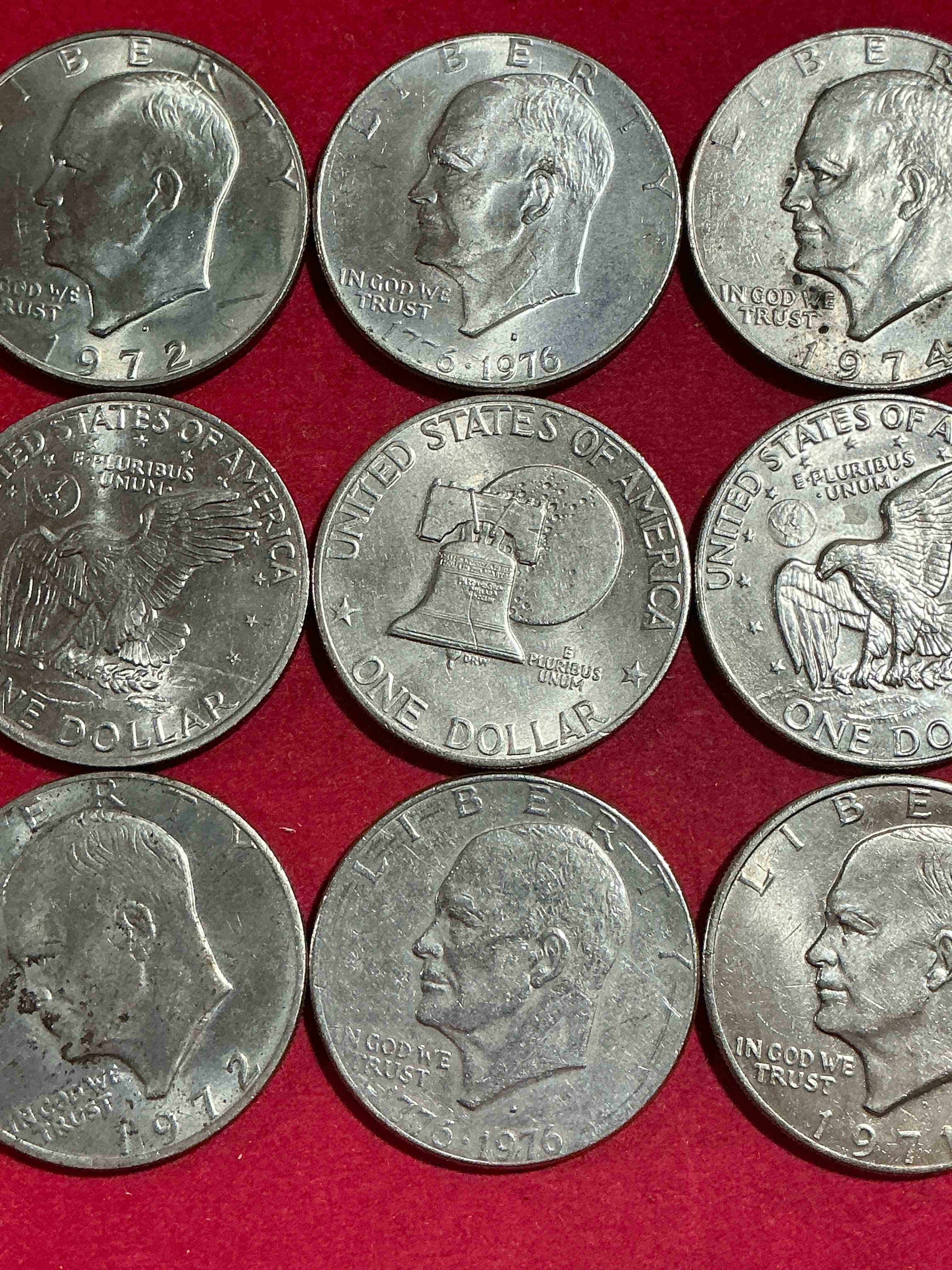 Condition photo showing Good Condition for gorgeous eisenhower dollars! here are circulated “ike” dollars! up for auction are ike one dollar coins from different years! awesome ike dollars! even includes rare bicentennial 1976 edition