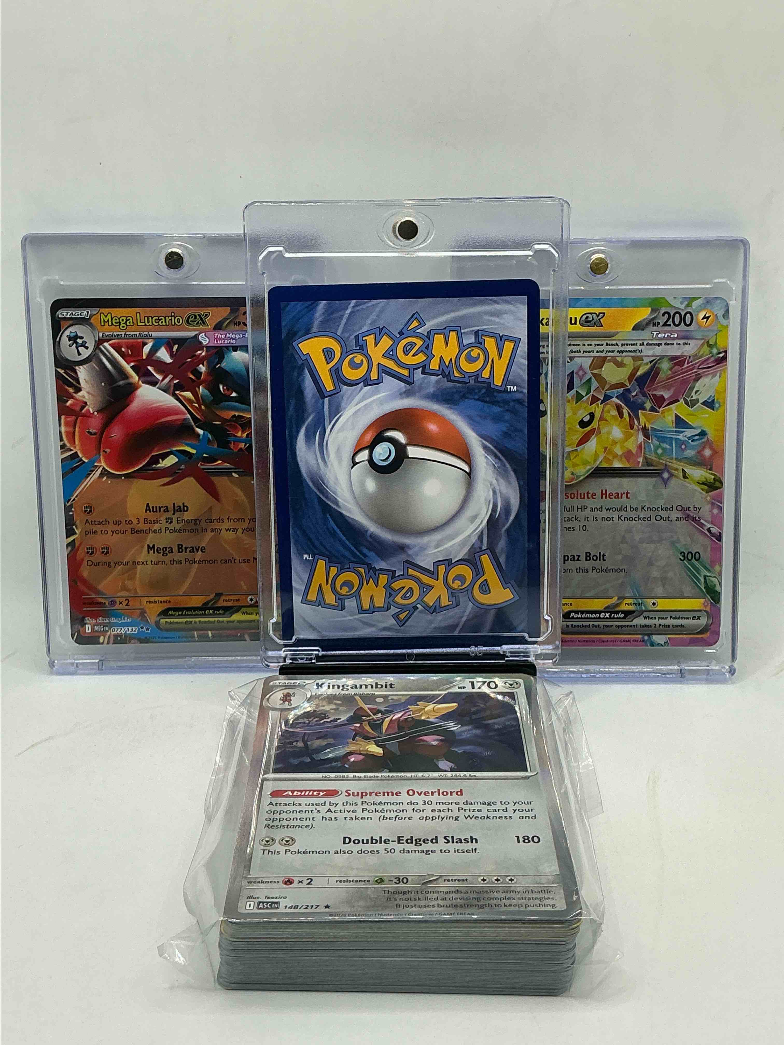 Condition photo showing New/Like New for mega gengar ex! mega lucario ex! pikachu ex! along with 50 other pokémon heroes, holos, legends & commons- including holographic cards, stage 2 cards, holos in all forms & more! also includes 36 non holo common/ uncommon basic & first stage cards trainers & energy too! perfect set for collectors & enthusiasts!