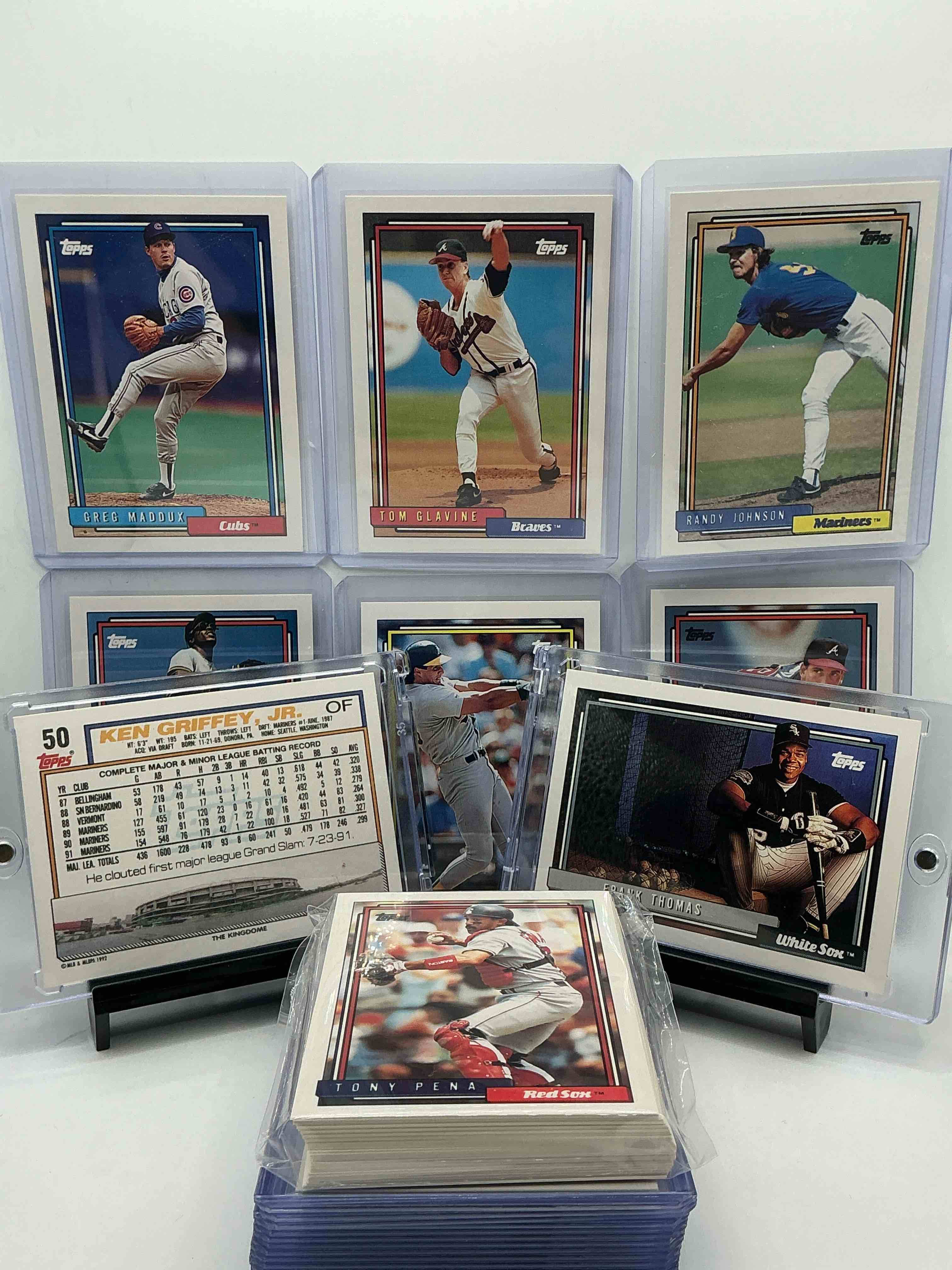 Condition photo showing New/Like New for early ken griffey jr & frank thomas! wow! nolan ryan, bo jackson & more! 1992 topps baseball! 50 card wow! includes some of the craziest cards & players of all time! some names include mark mcgwire, jose canseco, don mattingly, darryl strawberry, dwight gooden, kirby puckett, deion sanders, barry bonds, george brett, cal ripken, wade boggs, sammy sosa, john smoltz & more! baseball legends!