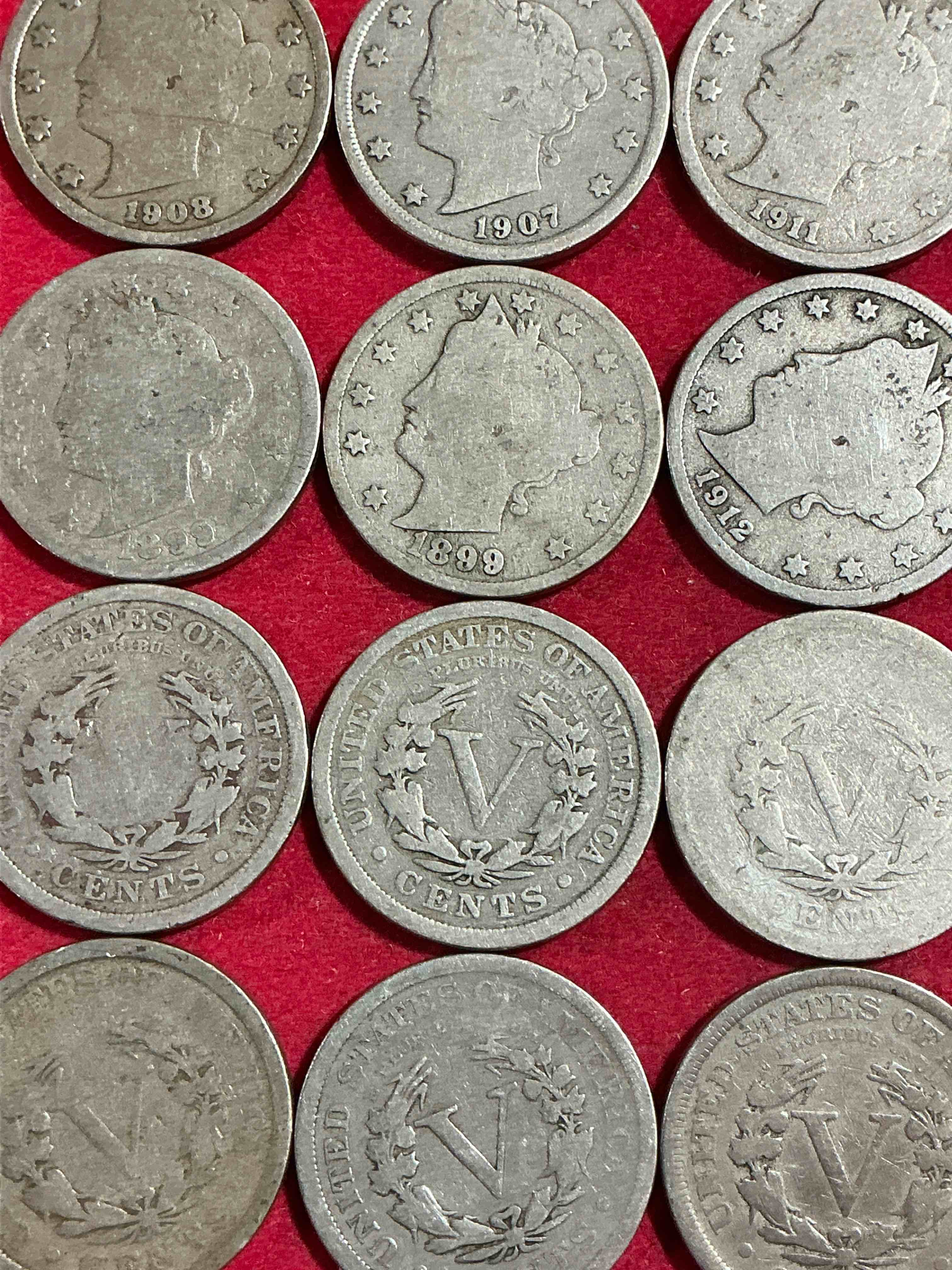 Condition photo showing Good Condition for antique u.s. v nickels! think of the history these coins have seen!, liberty head v nickels were minted up until 1913 & were the style of nickels before buffalo nickels. own some cool pieces of history! rare to see these coins with the "date on" in circulated condition!