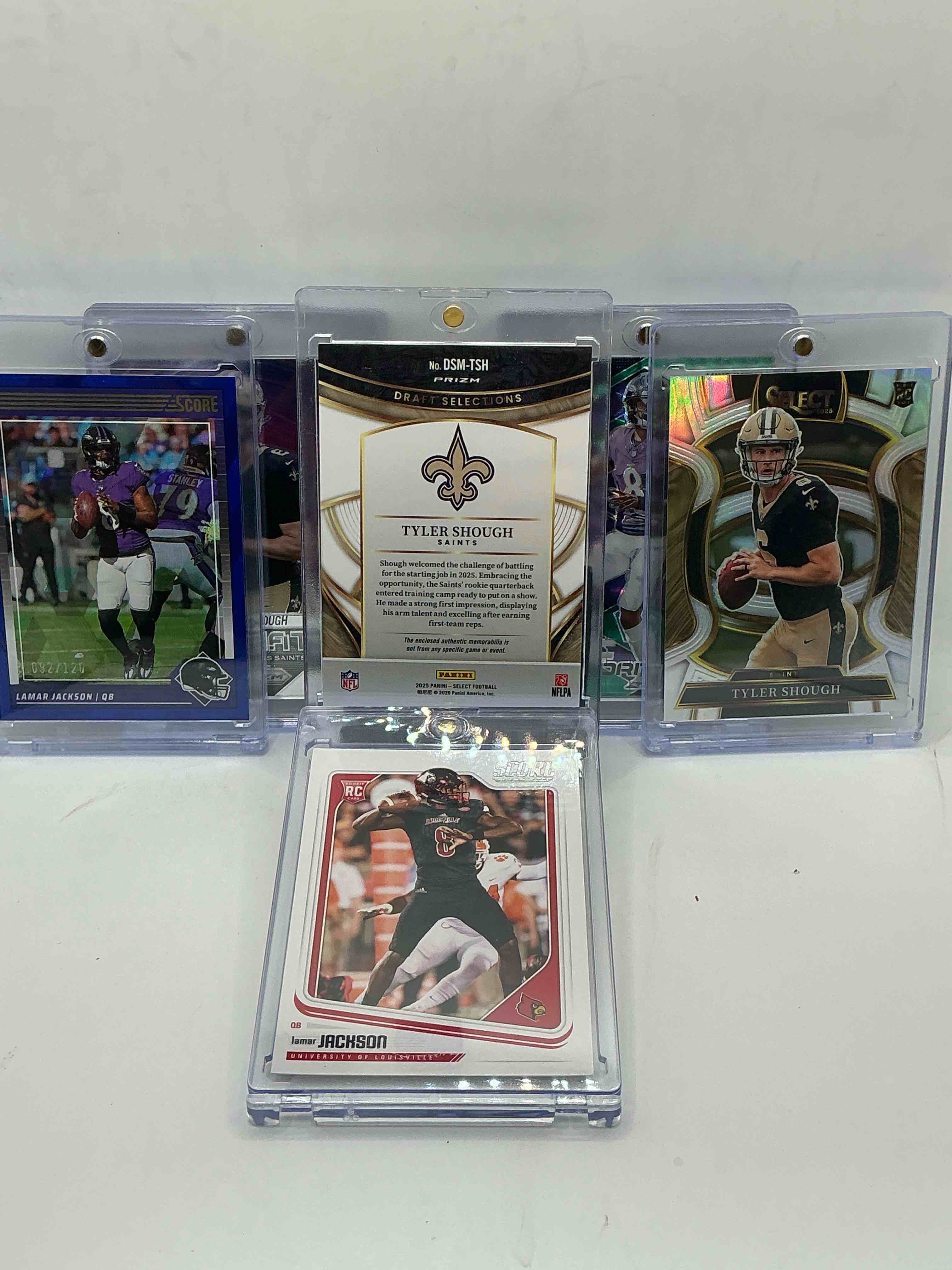 Condition photo showing New/Like New for louisville cardinals quarterback craziness! select prizm patch rookie tyler shough! rookie lamar jackson! lamar jackson numbered to /120! select silver tyler shough & more! louisville fans rejoice!