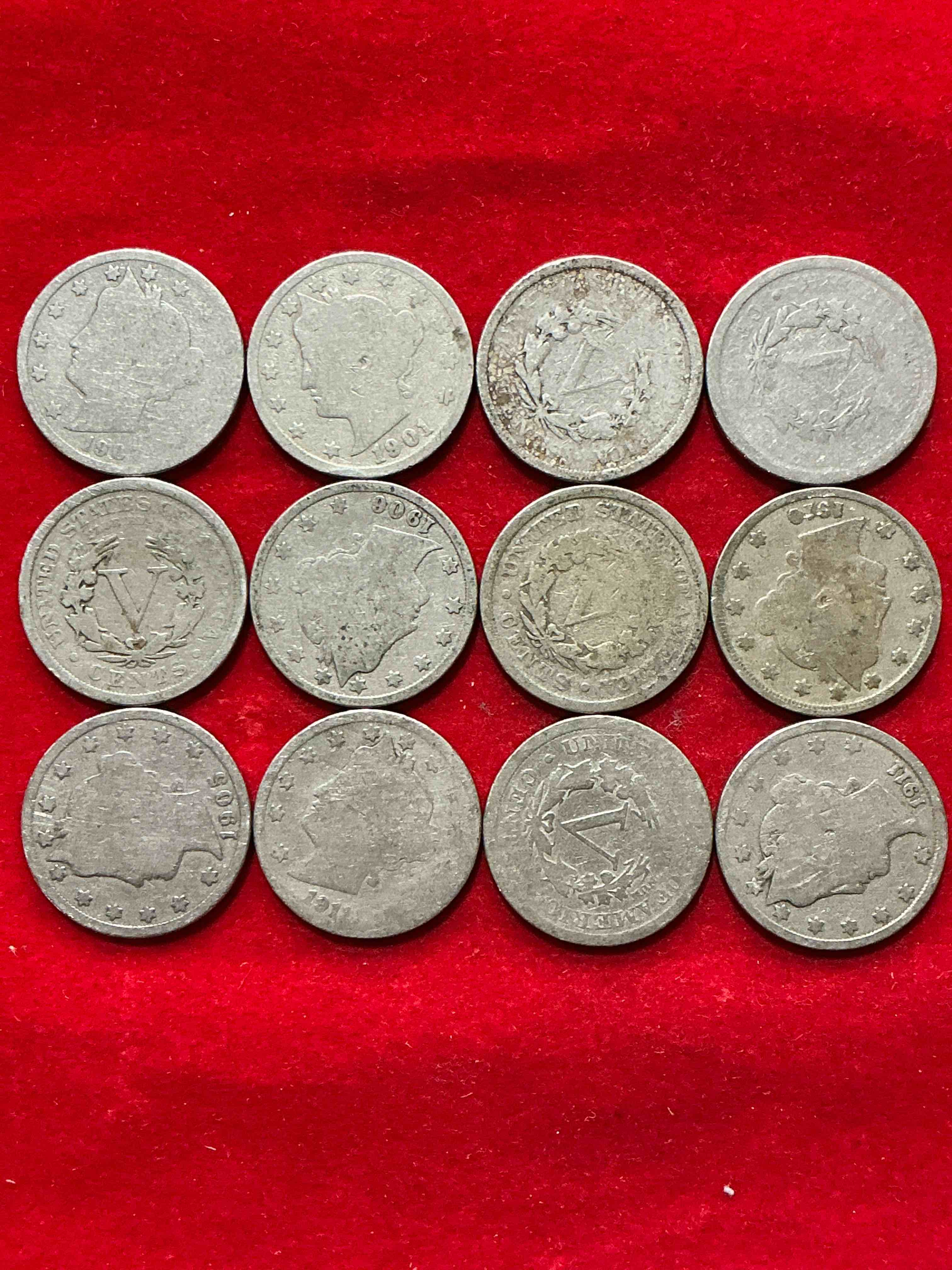 Condition photo showing Good Condition for antique u.s. v nickels! think of the history these coins have seen!, liberty head v nickels were minted up until 1913 & were the style of nickels before buffalo nickels. own some cool pieces of history! rare to see these coins with the "date on" in circulated condition!