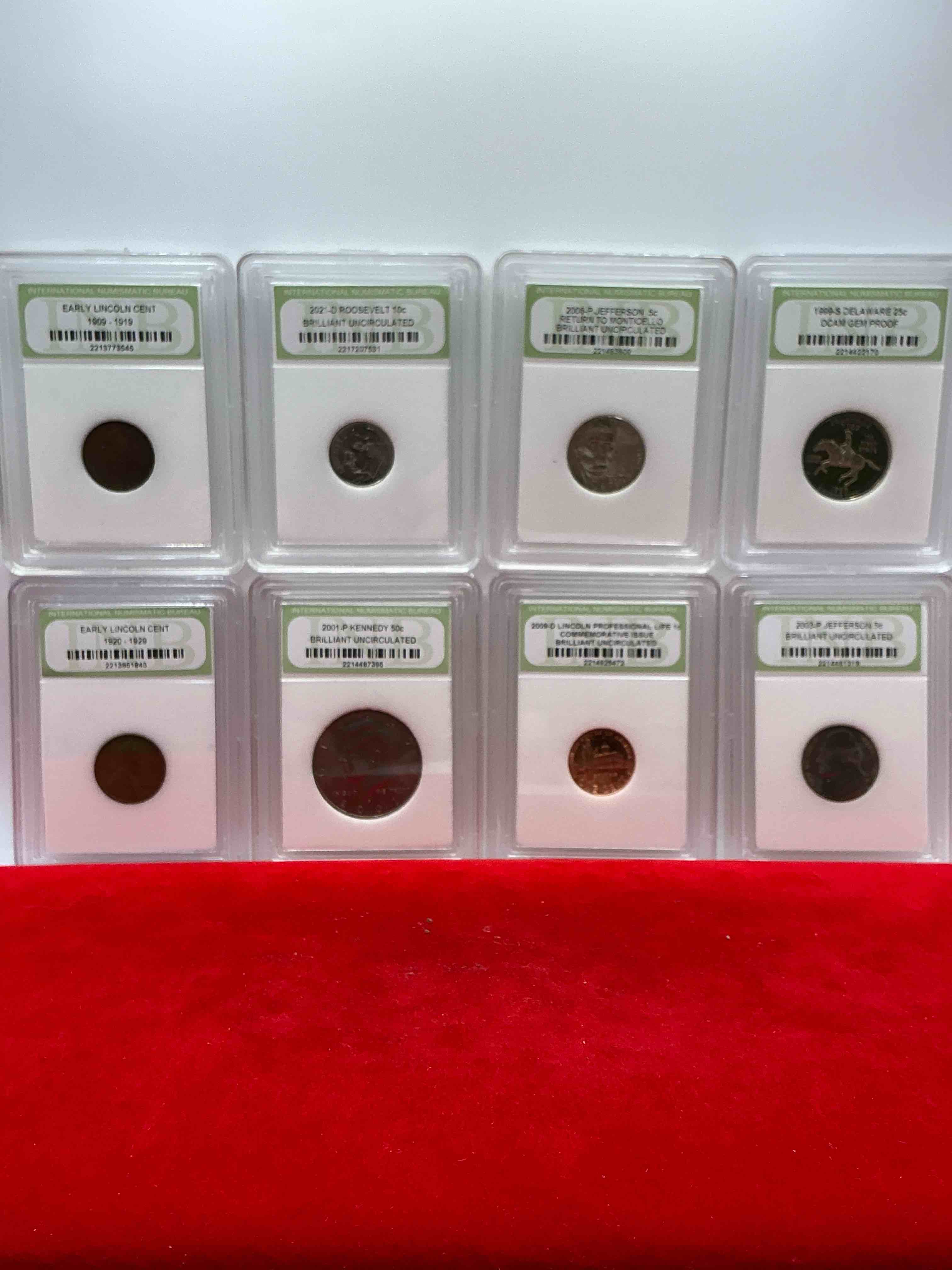 Condition photo showing New/Like New for collector's dream! 8 different rare, slabbed u.s. collector coins in certified/catalogued  protective slab cases! a great way to build an incredible collection of protected, rare u.s. coins! great for the coin fan & collector!