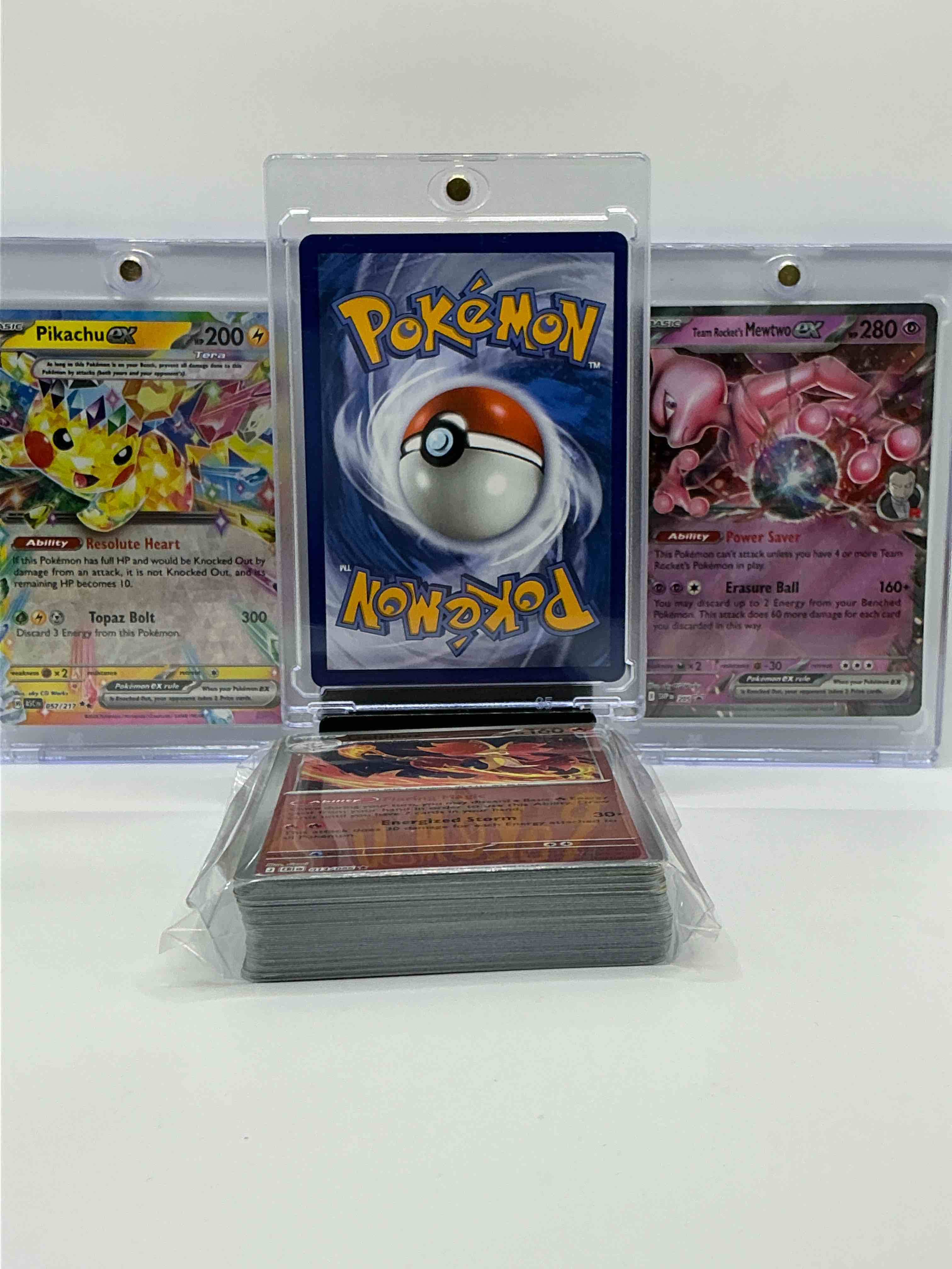 Condition photo showing New/Like New for charizard ex, pikachu ex, mewtwo ex & more! along with 50 other pokémon heroes, holos, legends & commons- including holographic cards, stage 2 cards, holos in all forms & more! also includes 36 non holo common/ uncommon basic & first stage cards trainers & energy too! perfect set for collectors & enthusiasts!