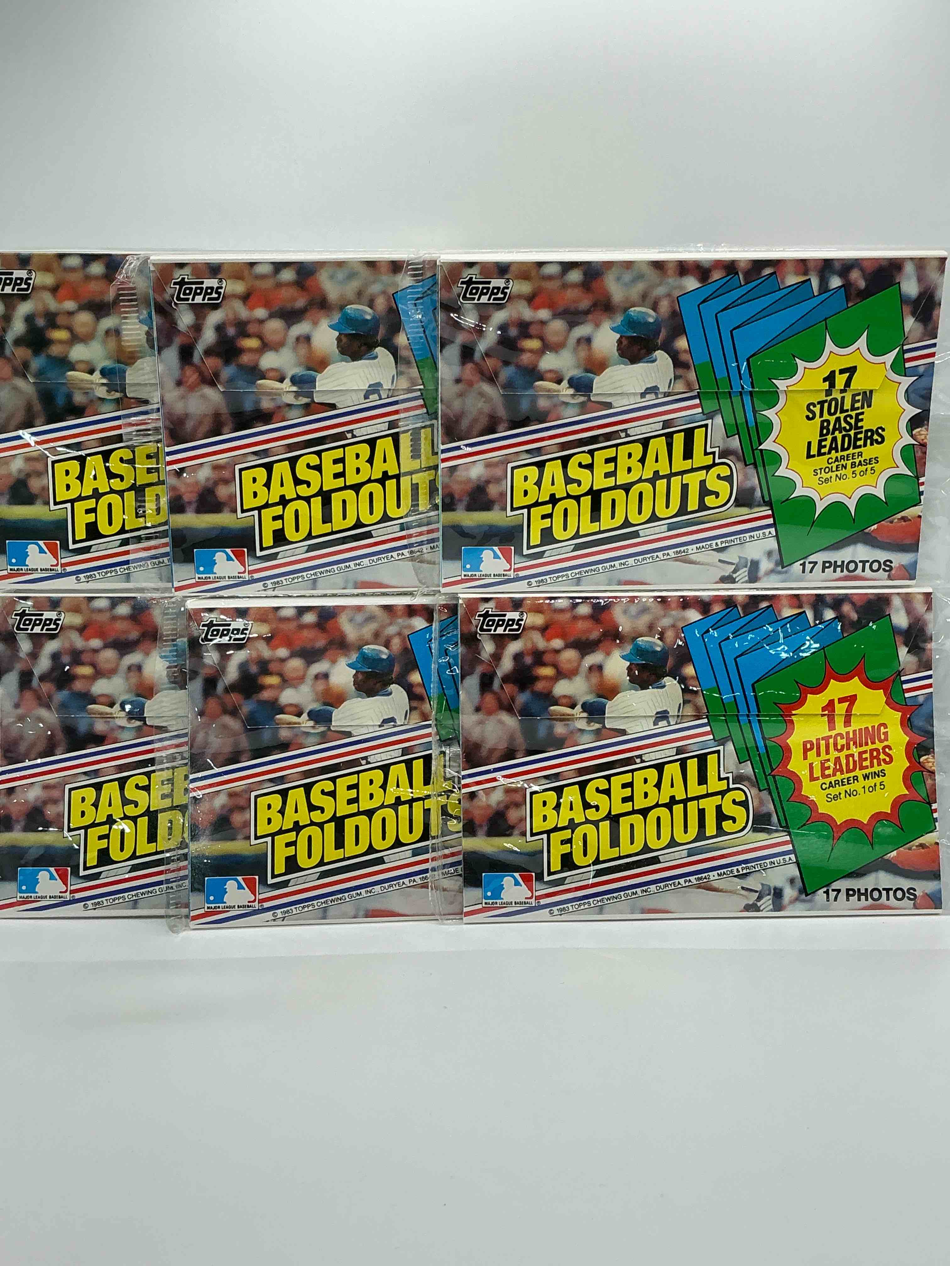 Condition photo showing New/Like New for 1983 topps baseball fold outs! celebrating stolen bases, pitching leaders, batting leaders & more! rare baseball packs! 