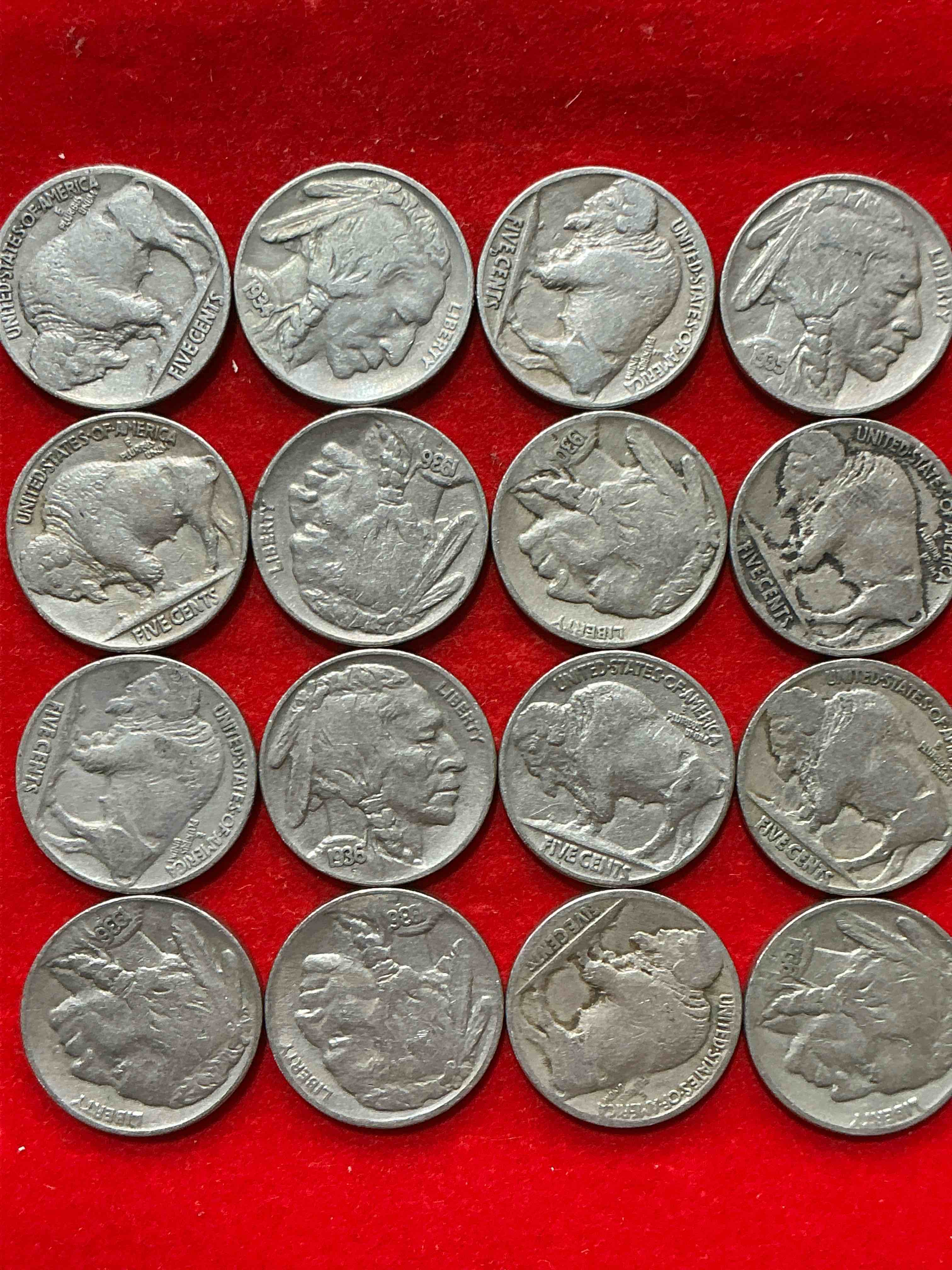 Condition photo showing Good Condition for historic buffalo nickels! indian head buffalo nickels were minted from 1913 to 1938 & have become a favorite for coin collectors around the world! own pieces of american history with these cool indian head buffalo nickels in circulated condition, most with visible dates which is very rare for buffalo nickels!