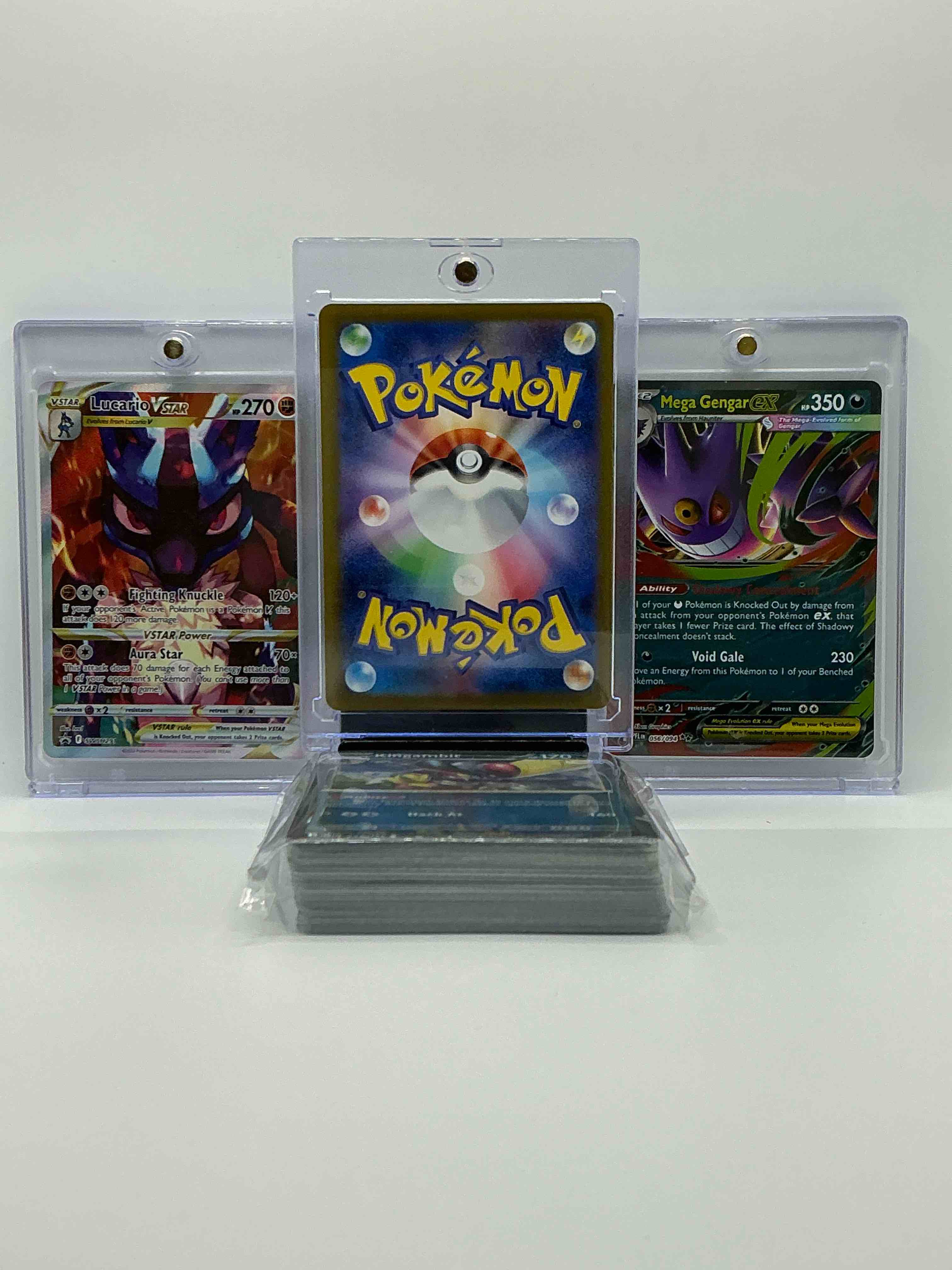 Condition photo showing New/Like New for charizard vstar, lucario vstar & mega gengar ex & more! along with 50 other pokémon heroes, holos, legends & commons- including holographic cards, stage 2 cards, holos in all forms & more! also includes 36 non holo common/ uncommon basic & first stage cards trainers & energy too! perfect set for collectors & enthusiasts!