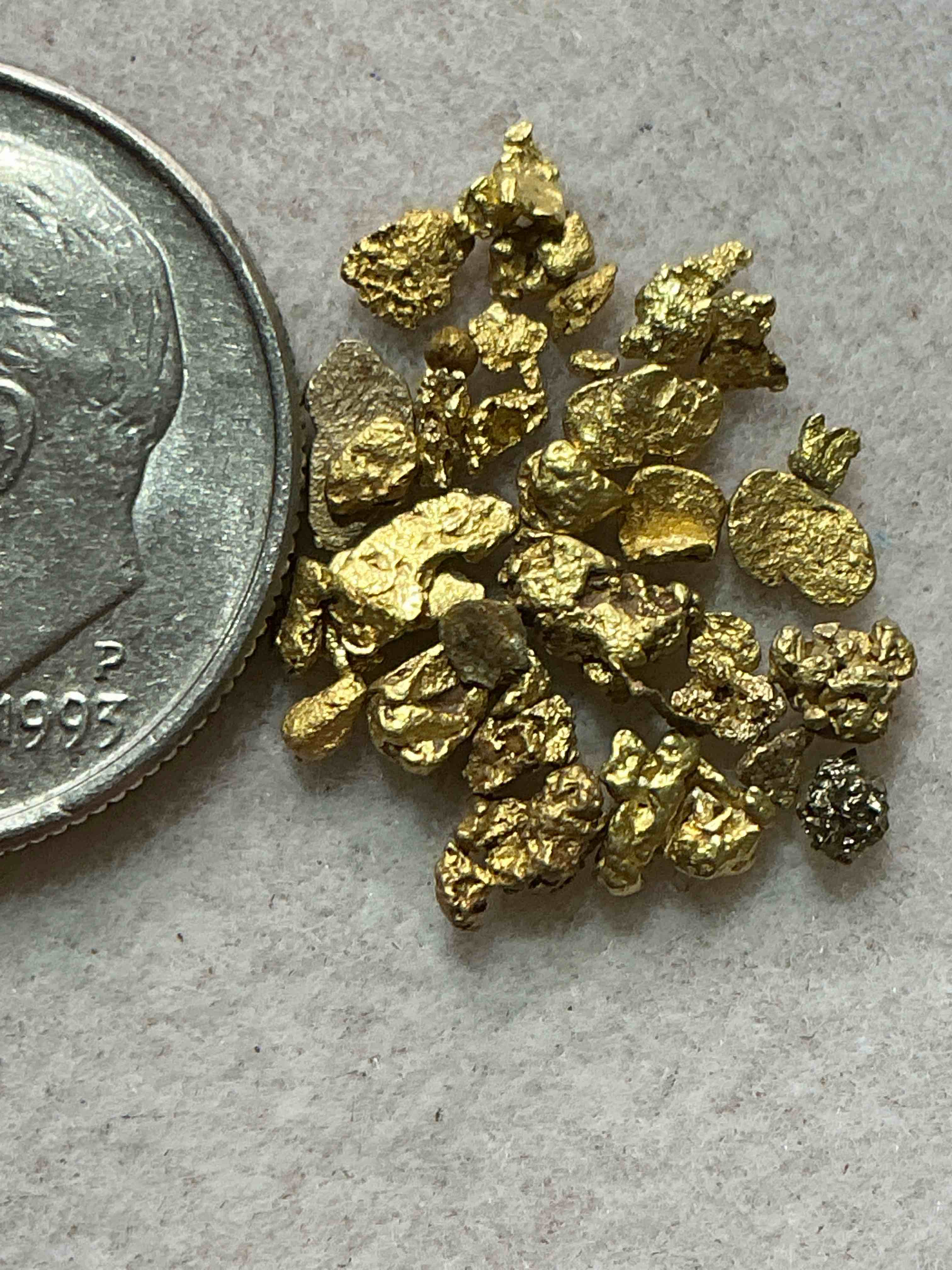 Condition photo showing New/Like New for genuine gold nuggets! approximately 1 gram of prospected gold nuggets! gold nuggets fresh from prospecting north carolina mountains, total weight of all nuggets is approximately 1 gram! these gold nuggets test at between approx 22-24 karat. gold in raw, prospected form is extremely hard to find & much rarer than any refined form. get in on the gold craze... gold has increased in value over 40% since 2025! u.s. dime for size reference only (not included). case in image included. own genuine, gold nuggets!