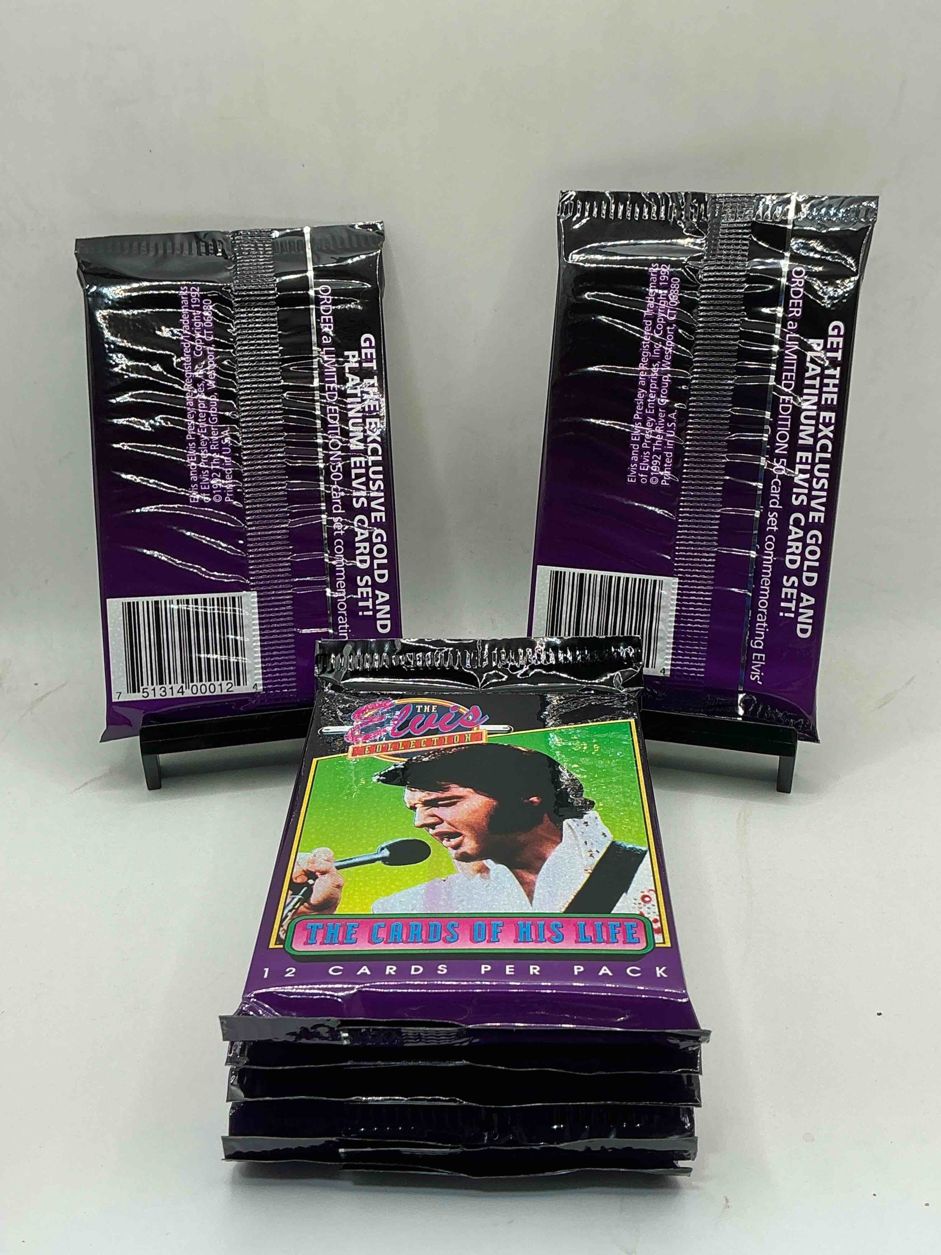 Condition photo showing New/Like New for 1992 the elvis collection “the cards of his life” series i card packs! 12 cards in every one of these incredible packs! collect all of elvis presley’s best moments from his life all included in these packs! wow!