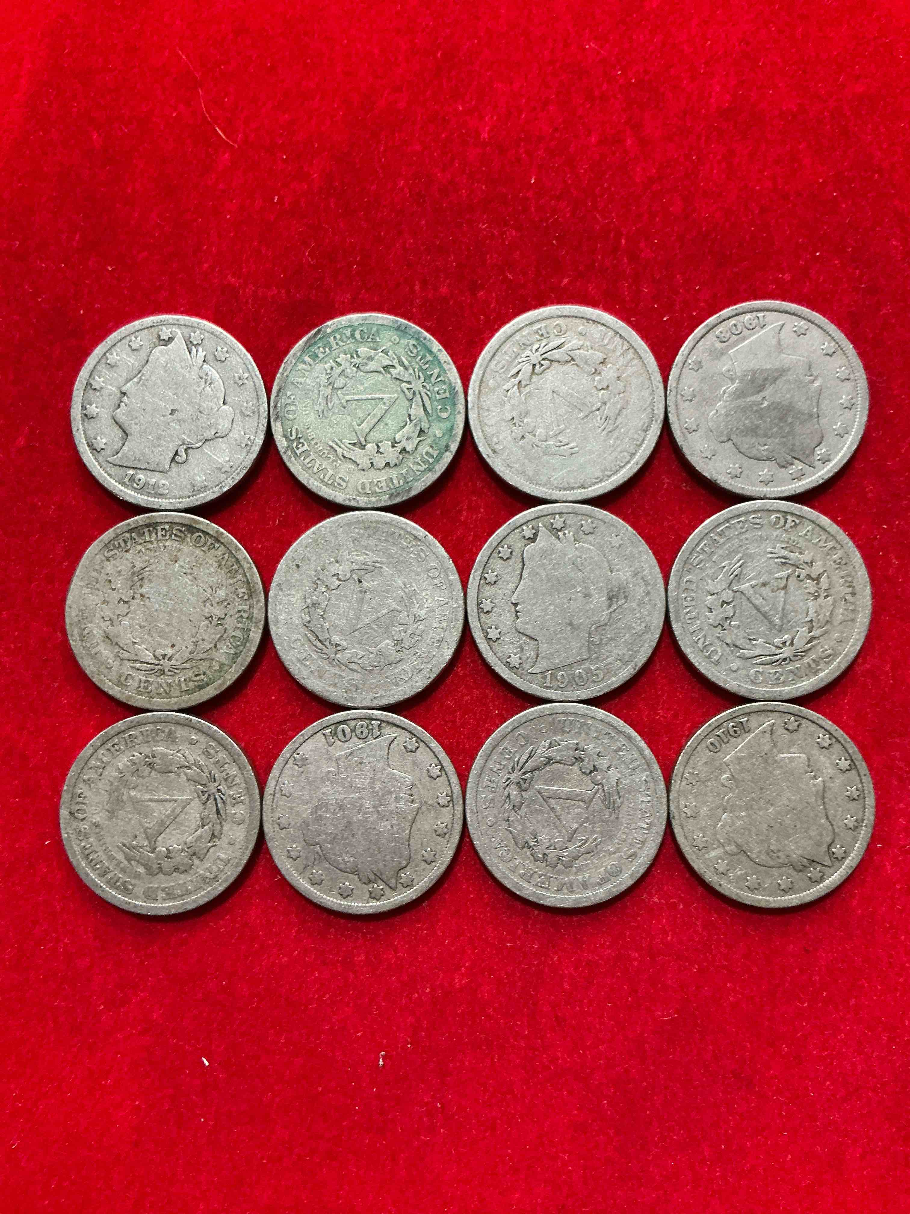 Condition photo showing Good Condition for antique u.s. v nickels! think of the history these coins have seen!, liberty head v nickels were minted up until 1913 & were the style of nickels before buffalo nickels. own some cool pieces of history! rare to see these coins with the "date on" in circulated condition!