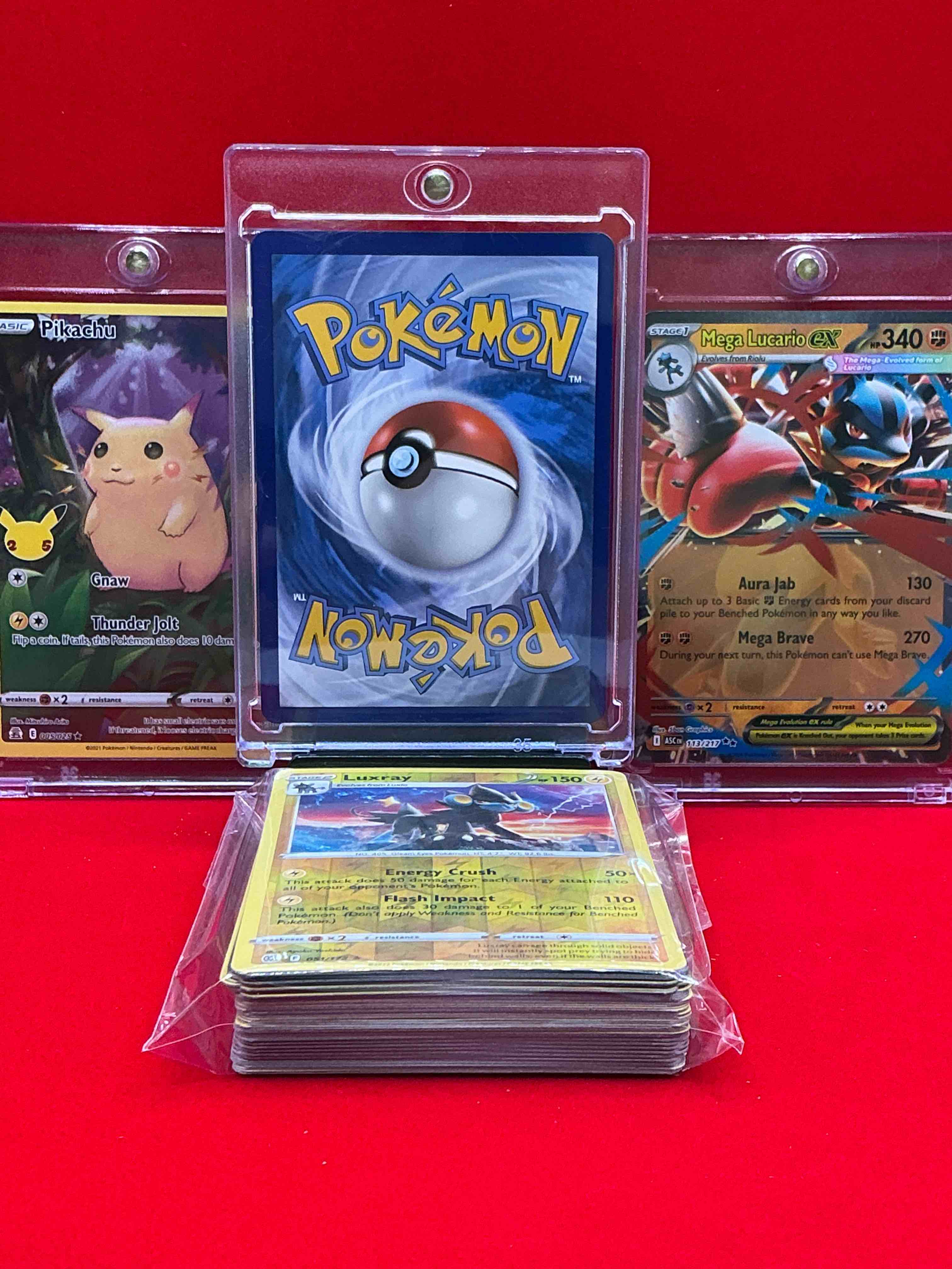 Condition photo showing New/Like New for mewtwo ex, pikachu full art & more! lucario! along with 50 other pokémon heroes, holos, legends & commons- including holographic cards, stage 2 cards, holos in all forms & more! also includes 36 non holo common/ uncommon basic & first stage cards trainers & energy too! perfect set for collectors & enthusiasts!